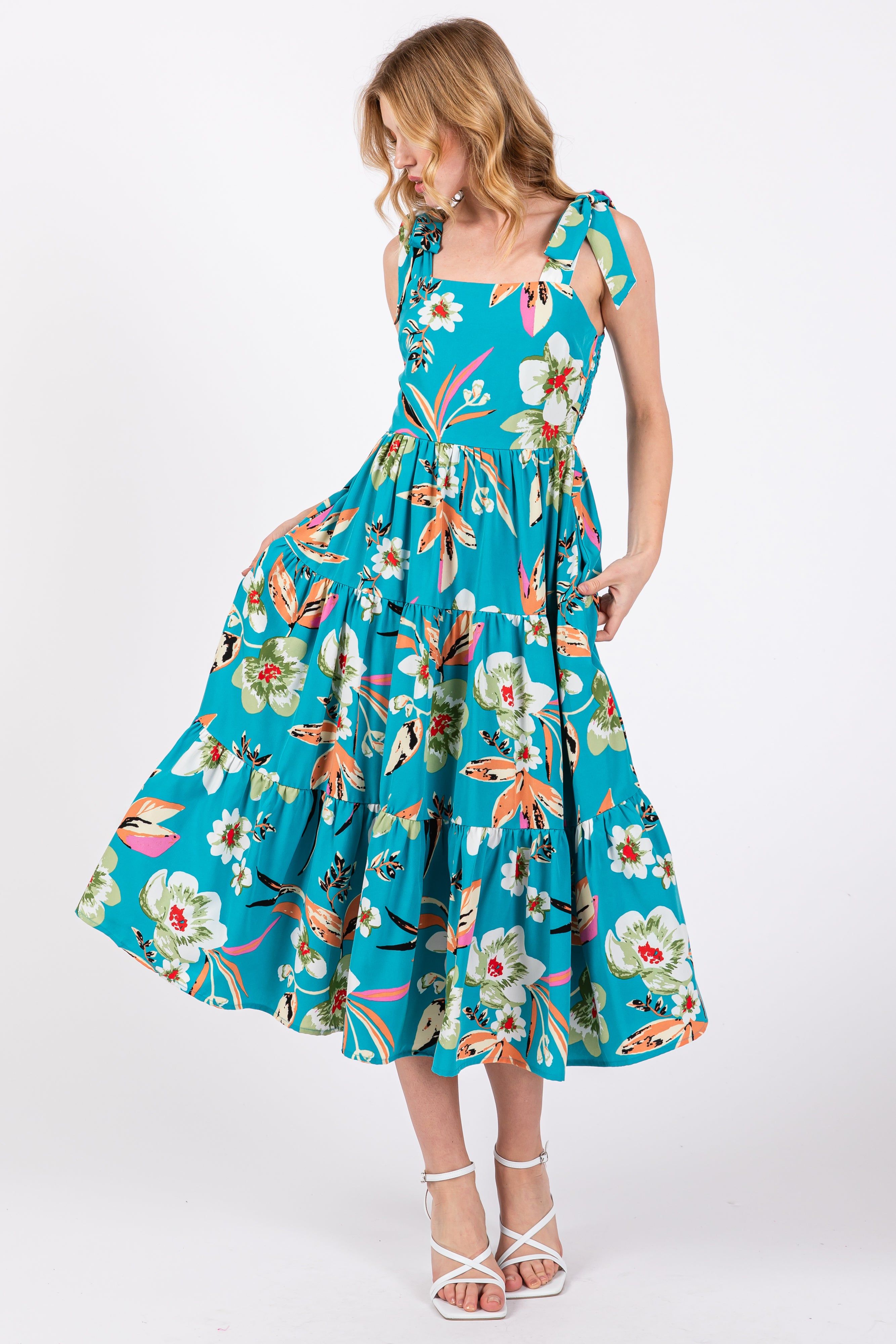 Turquoise Sleeveless Floral Tiered Maternity Midi Dress sold by Pinkblush product image thumbnail 5