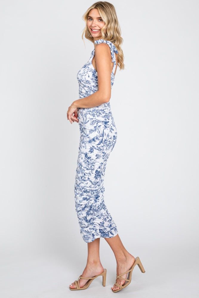 Blue Floral Shoulder Tie Ruched Midi Dress sold by Pinkblush product image thumbnail 2