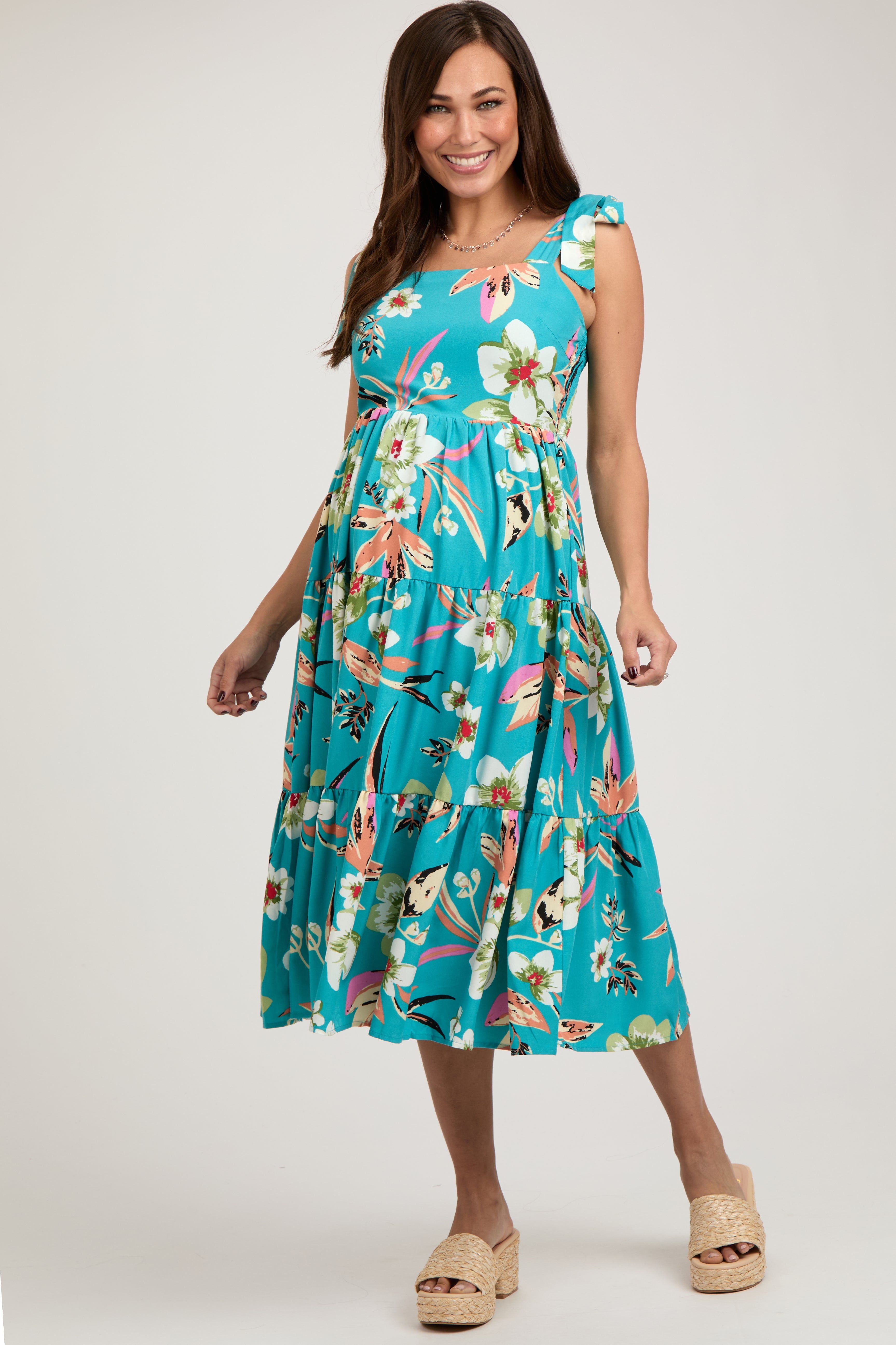 Turquoise Sleeveless Floral Tiered Maternity Midi Dress sold by Pinkblush product image thumbnail 2