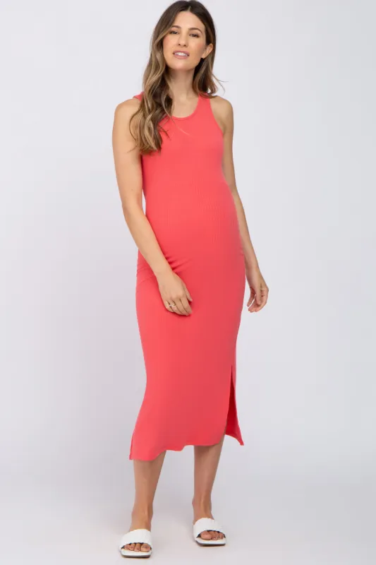 Coral Ribbed Side Slit Maternity Midi Dress sold by Pinkblush