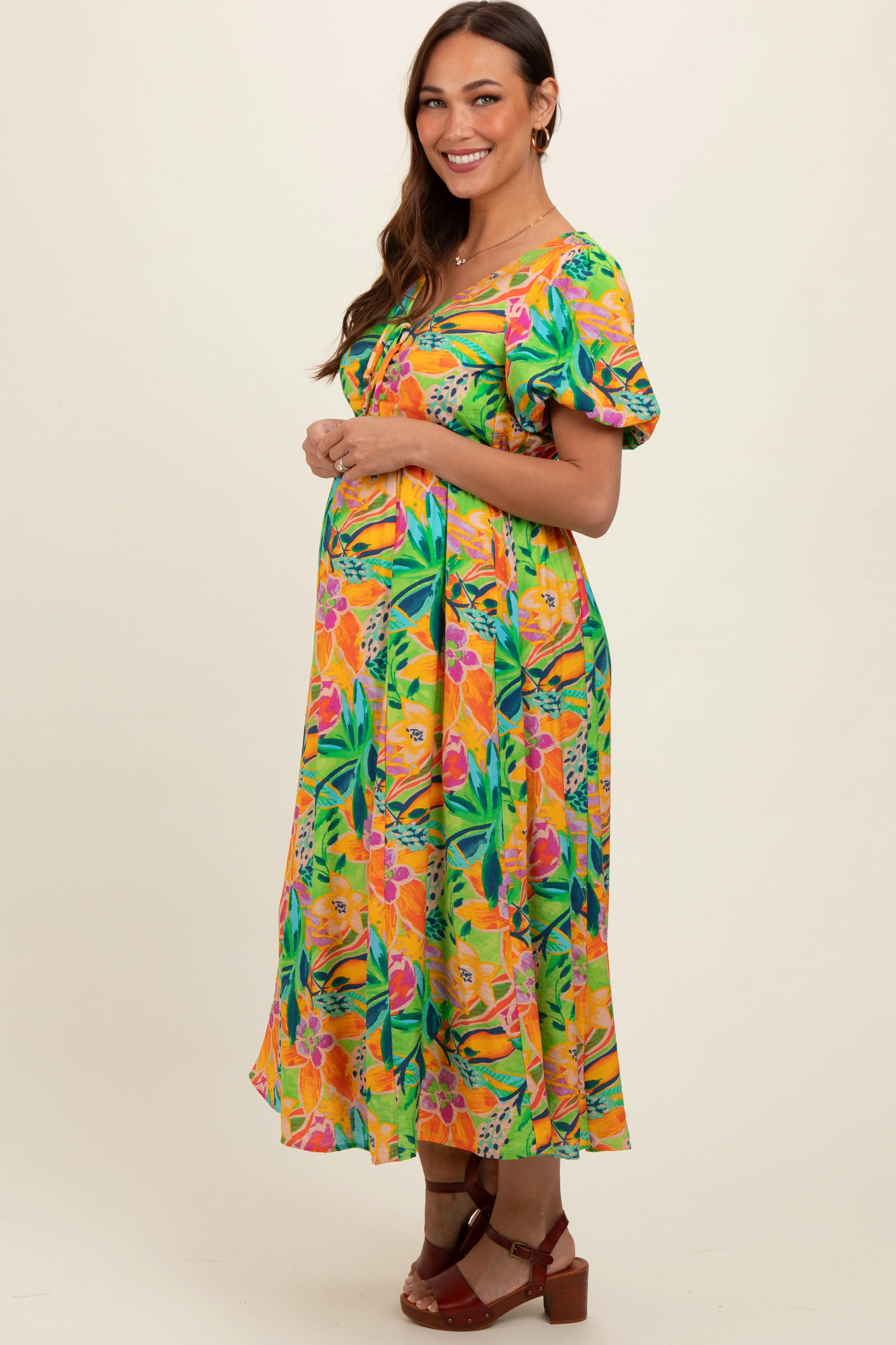 Lime Floral Puff Sleeve Maternity Midi Dress sold by Pinkblush product image thumbnail 3