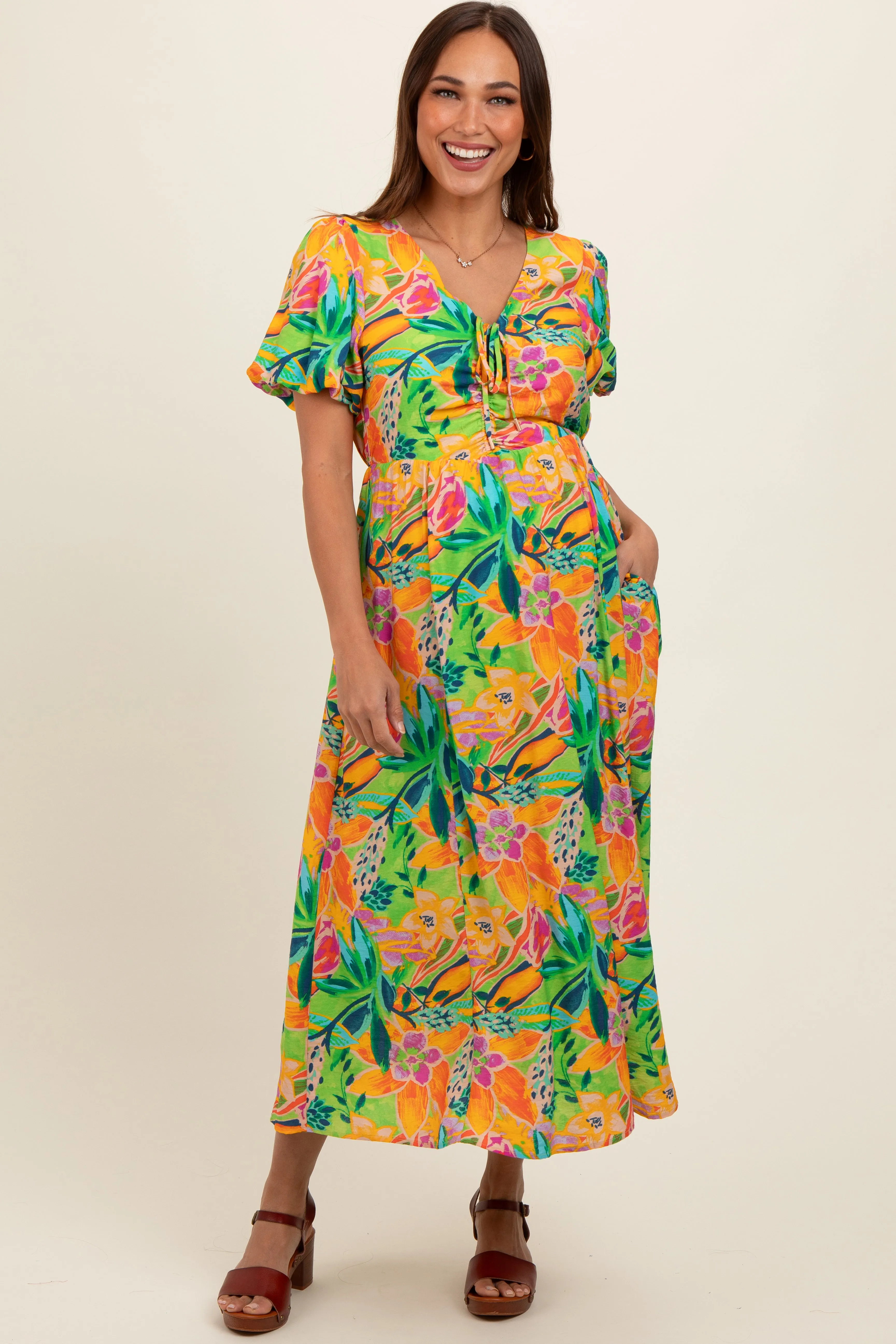 Lime Floral Puff Sleeve Maternity Midi Dress sold by Pinkblush