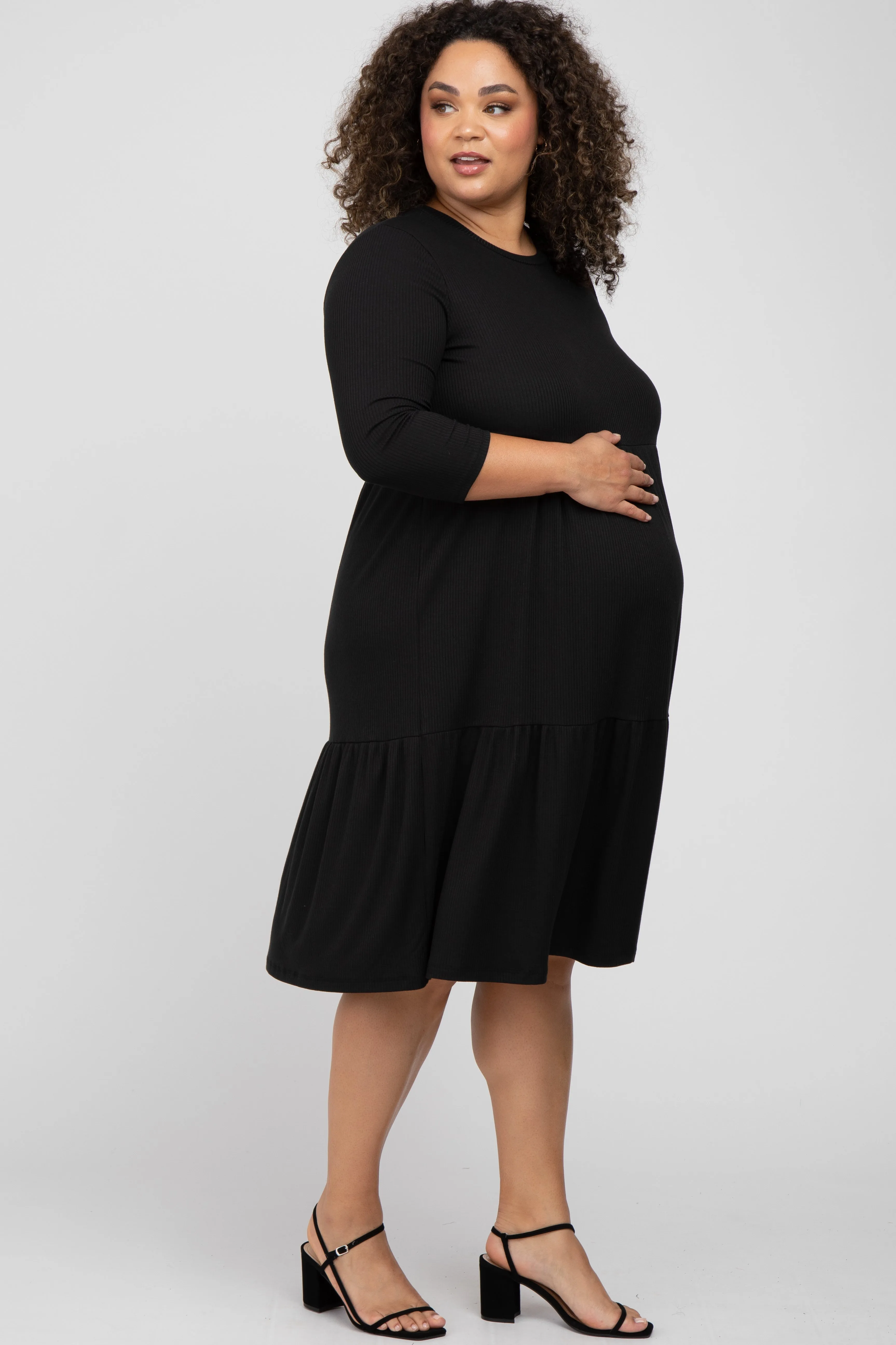 Black Tiered Ribbed 3/4 Sleeve Plus Maternity Midi Dress sold by Pinkblush product image thumbnail 2