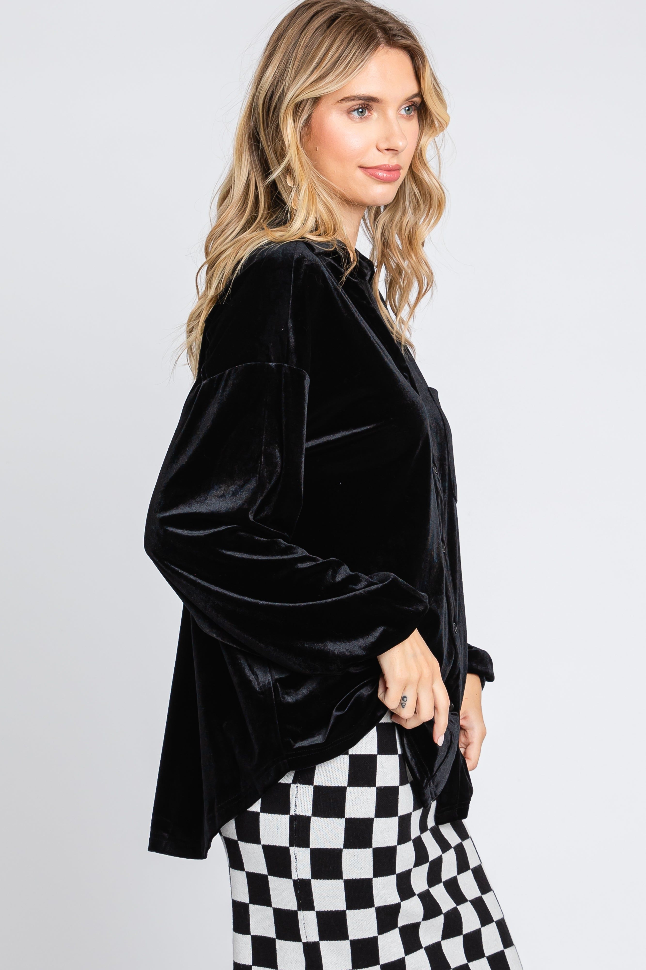 Black Velvet Button Front Collared Blouse sold by Pinkblush product image thumbnail 3