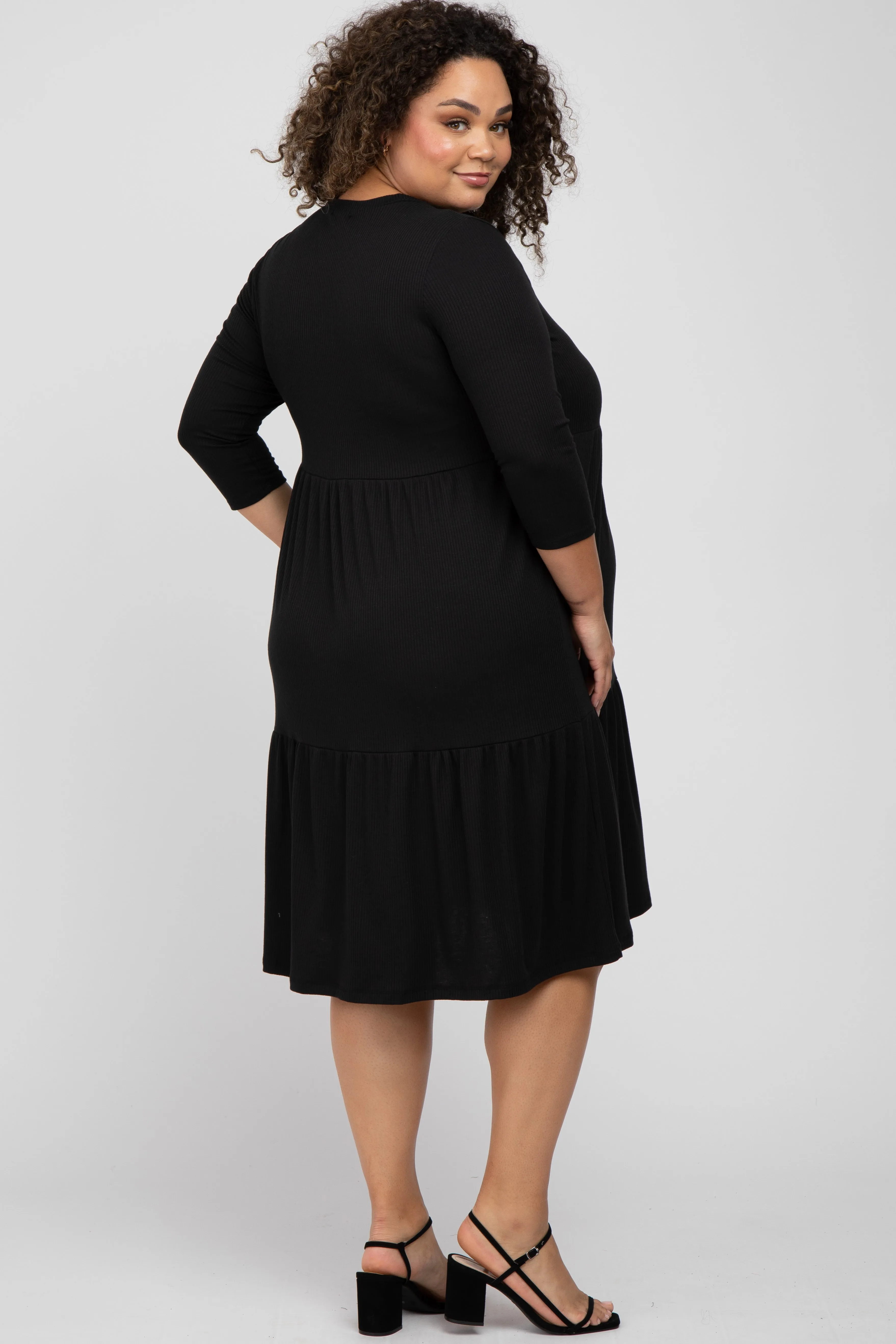 Black Tiered Ribbed 3/4 Sleeve Plus Maternity Midi Dress sold by Pinkblush product image thumbnail 3
