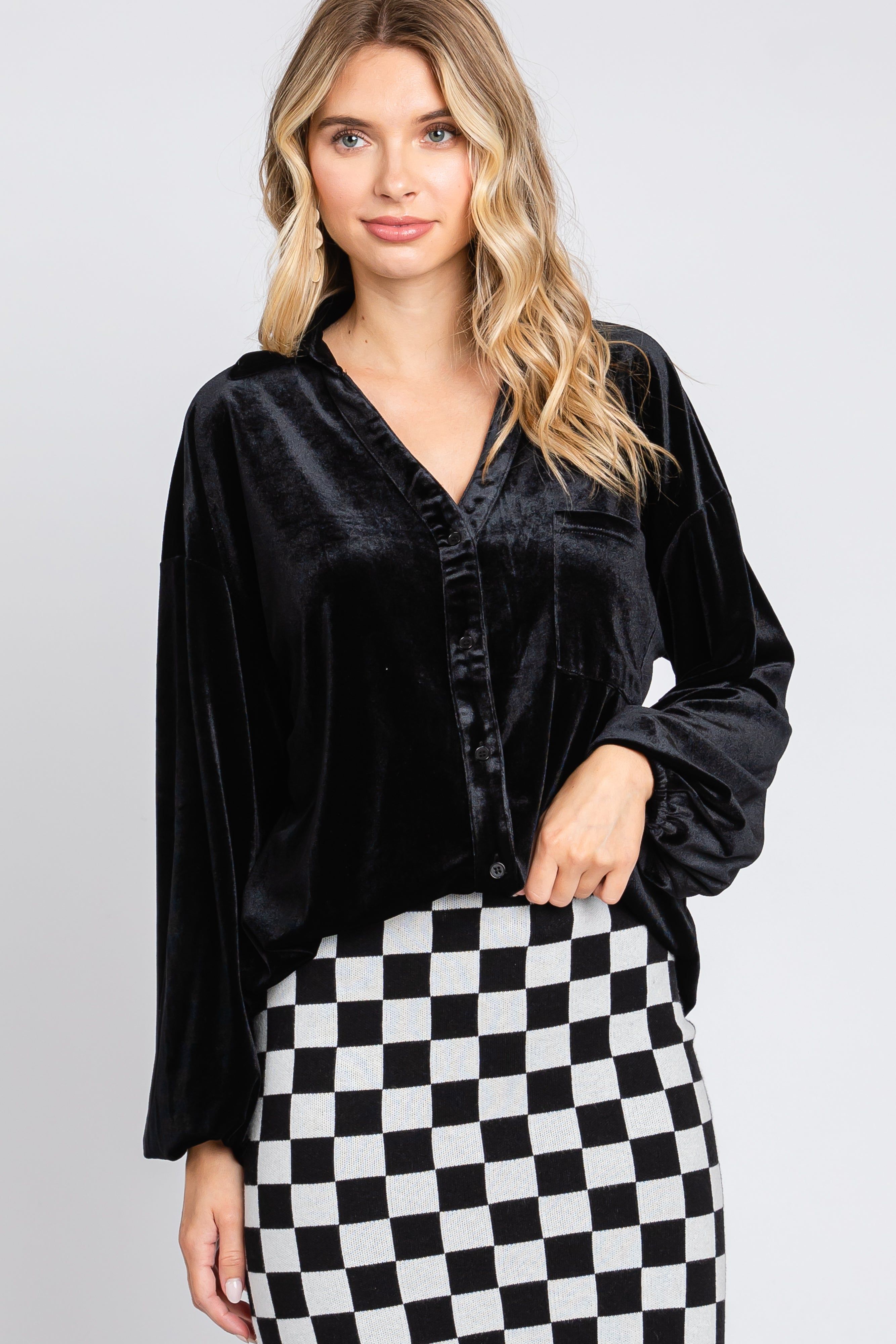 Black Velvet Button Front Collared Blouse sold by Pinkblush