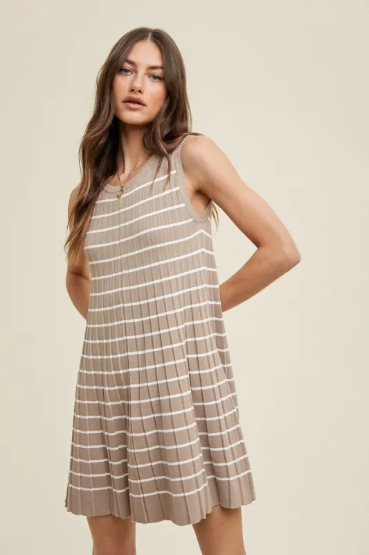 Mocha Striped Pleated Dress sold by Pinkblush