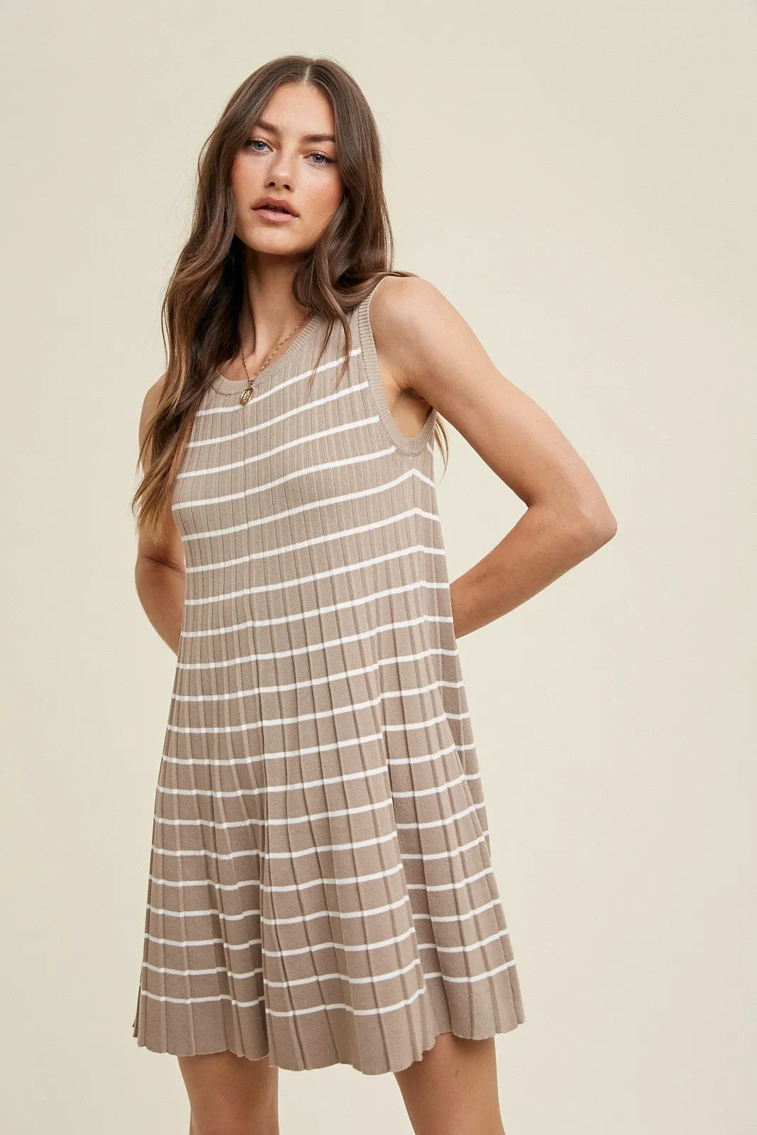 Mocha Striped Pleated Dress sold by Pinkblush