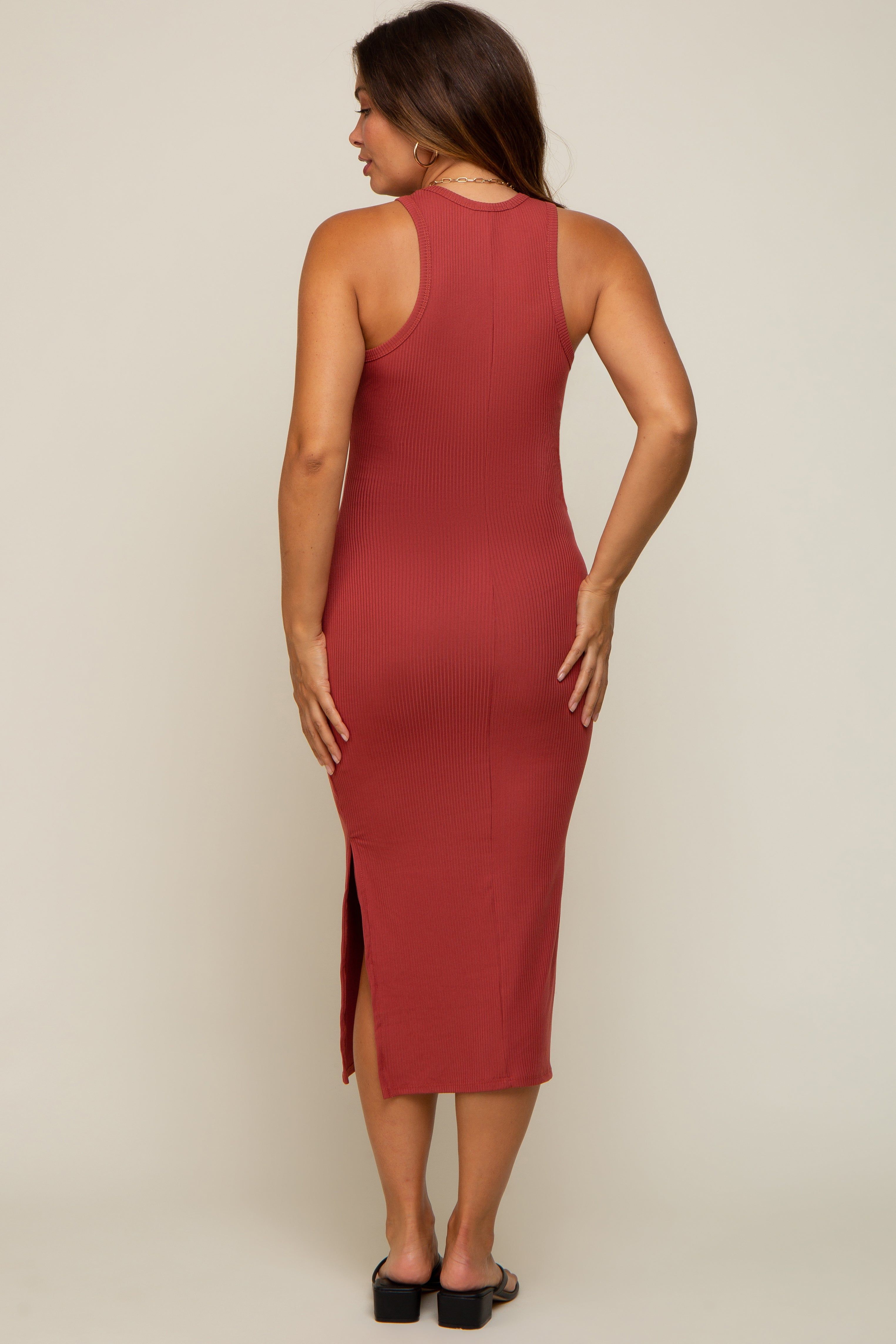 Rust Ribbed Sleeveless Side Slit Maternity Midi Dress sold by Pinkblush product image thumbnail 3