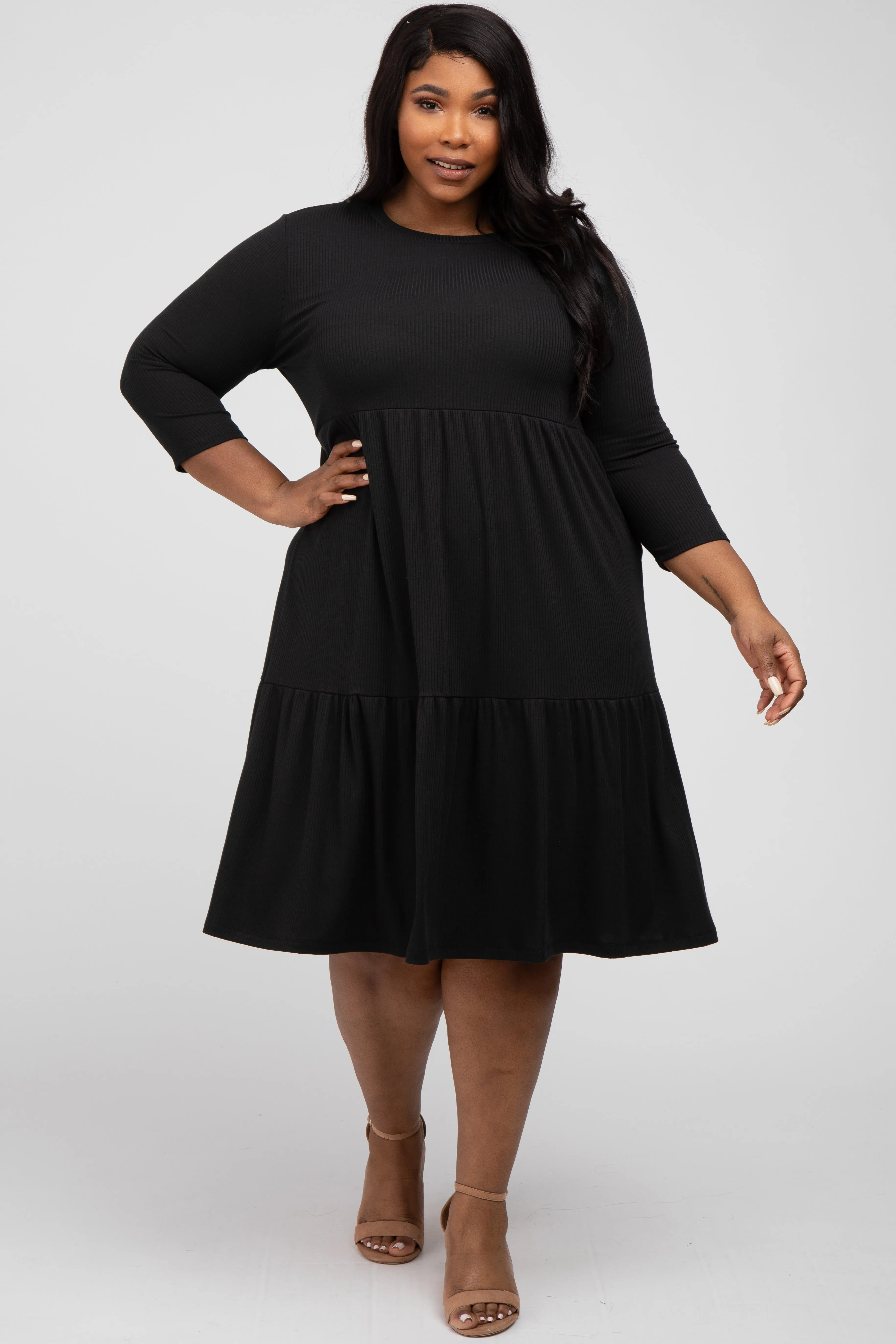 Black Tiered Ribbed 3/4 Sleeve Plus Maternity Midi Dress sold by Pinkblush product image thumbnail 4