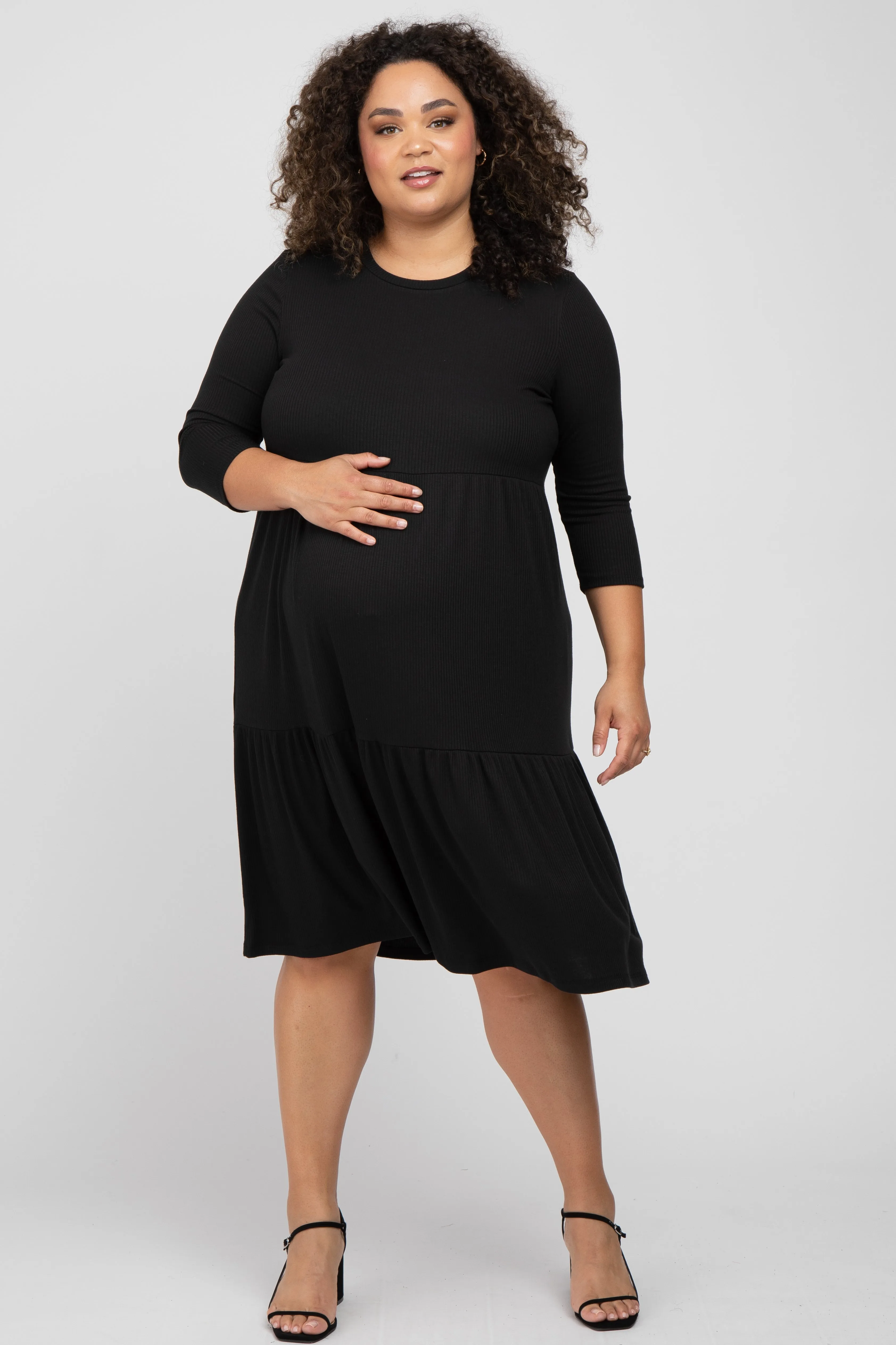 Black Tiered Ribbed 3/4 Sleeve Plus Maternity Midi Dress sold by Pinkblush