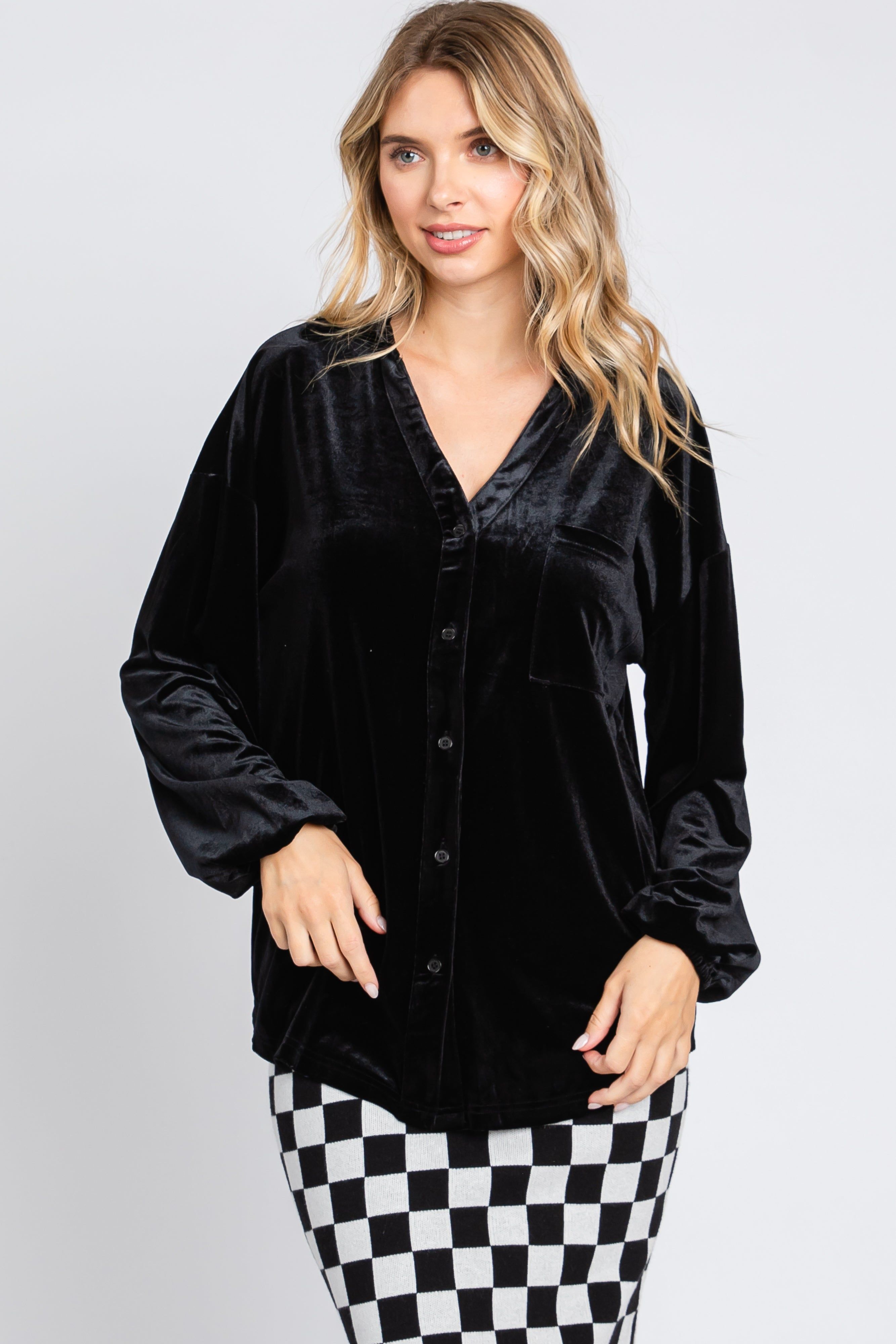 Black Velvet Button Front Collared Blouse sold by Pinkblush product image thumbnail 2