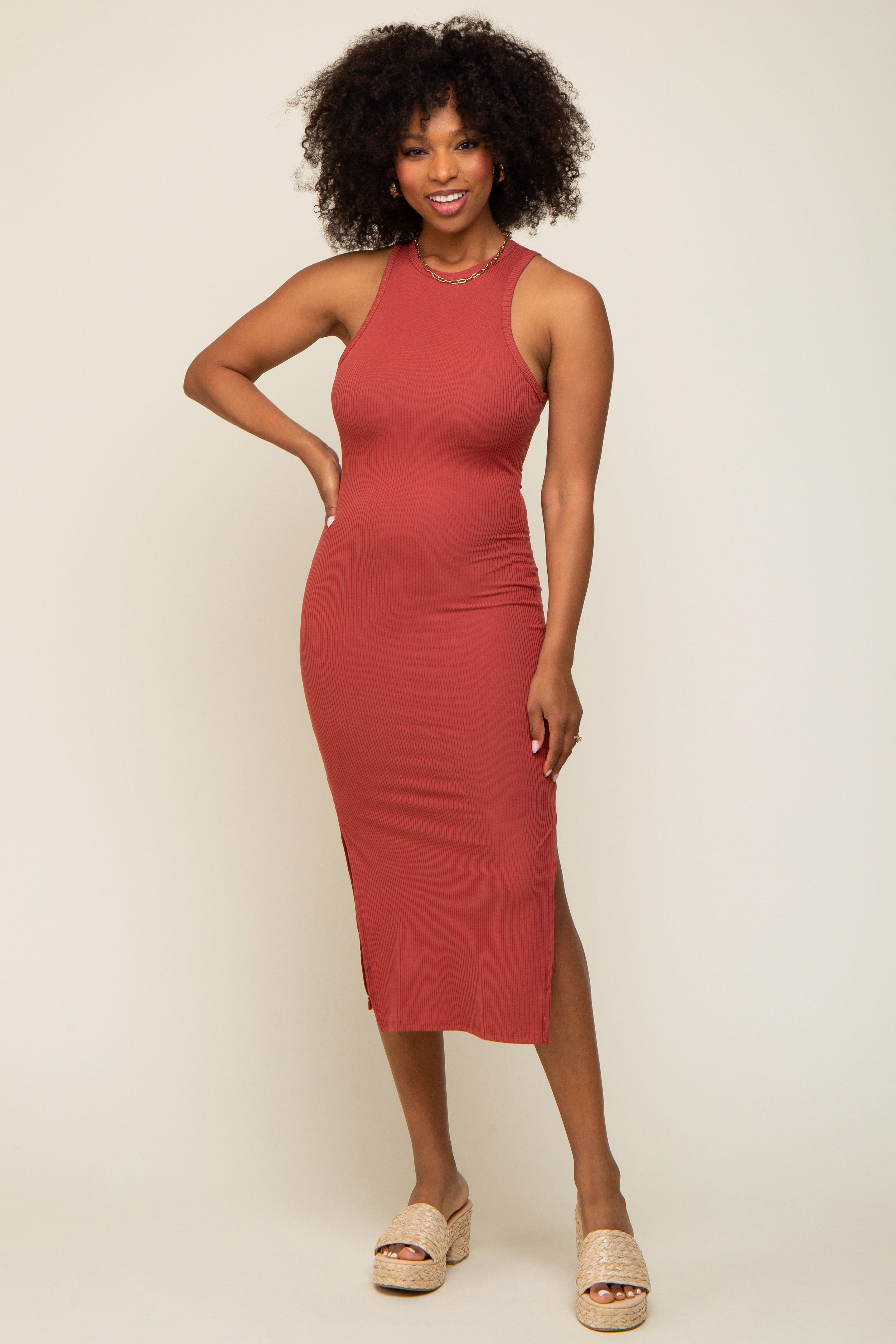 Rust Ribbed Sleeveless Side Slit Maternity Midi Dress sold by Pinkblush product image thumbnail 4