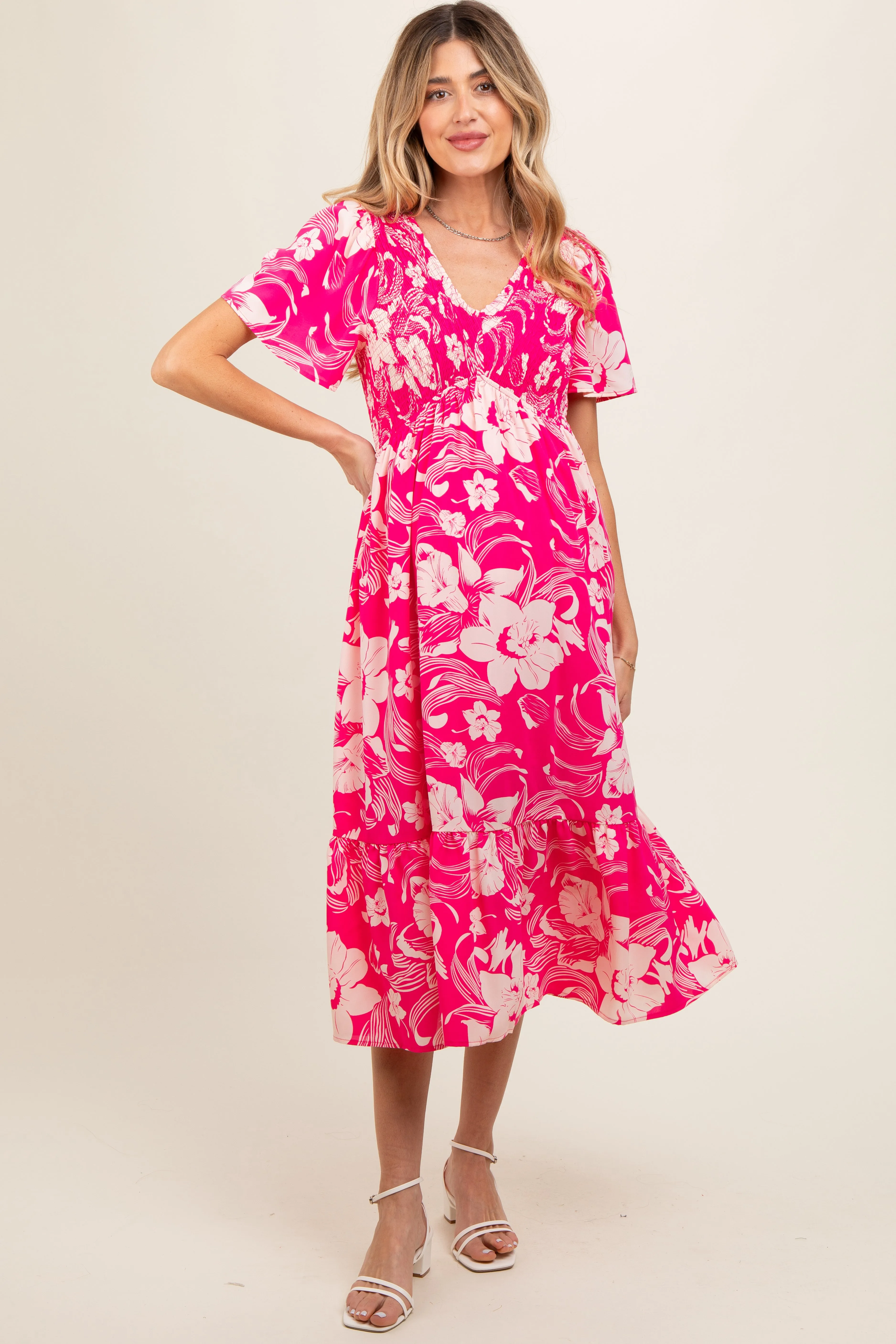 Pink Floral Print Smocked Maternity Midi Dress sold by Pinkblush