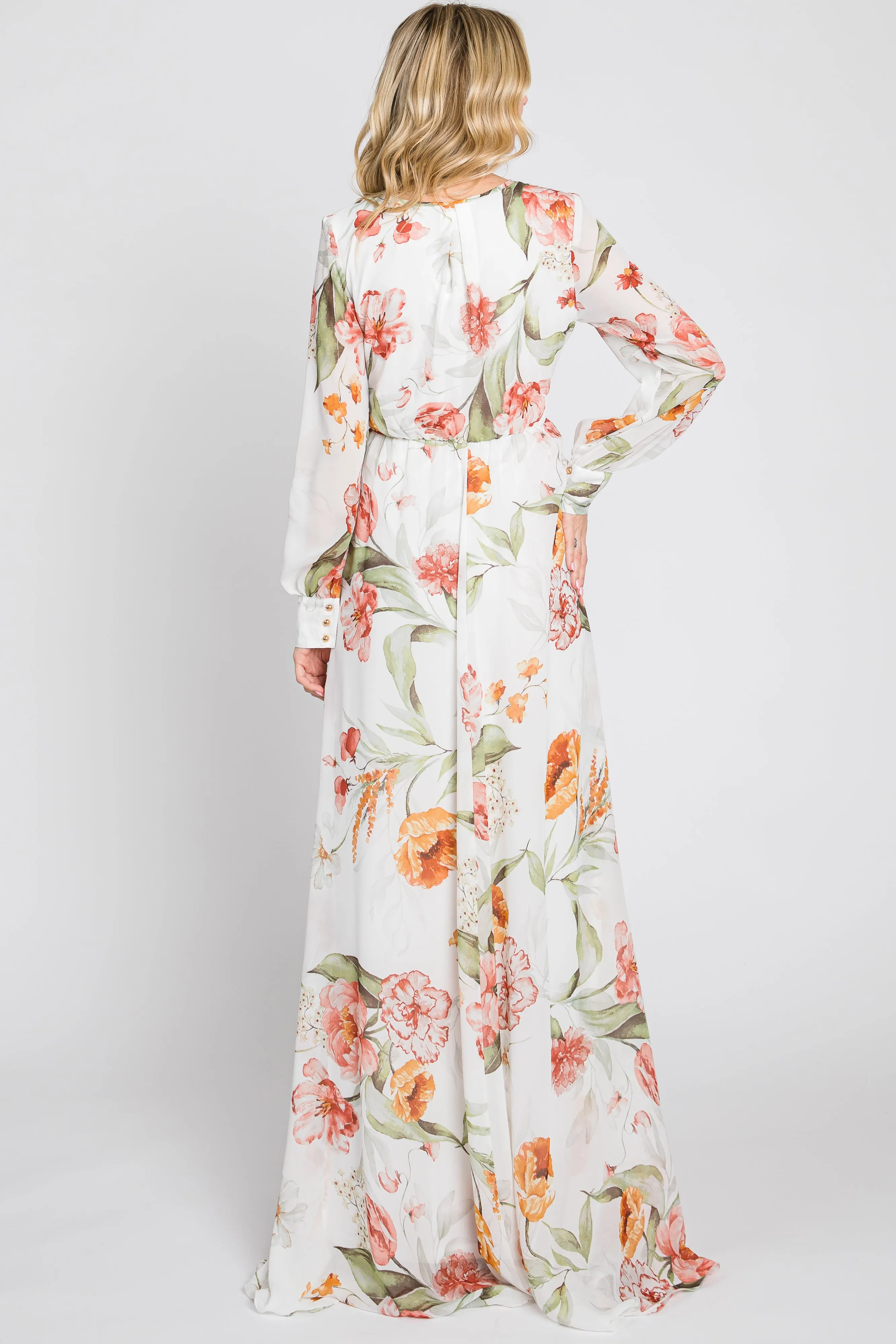 Ivory Floral Chiffon Long Sleeve Maxi Dress sold by Pinkblush product image thumbnail 3