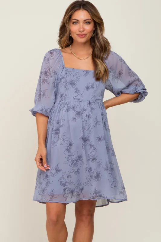 Blue Floral 3/4 Sleeve Chiffon Maternity Dress sold by Pinkblush