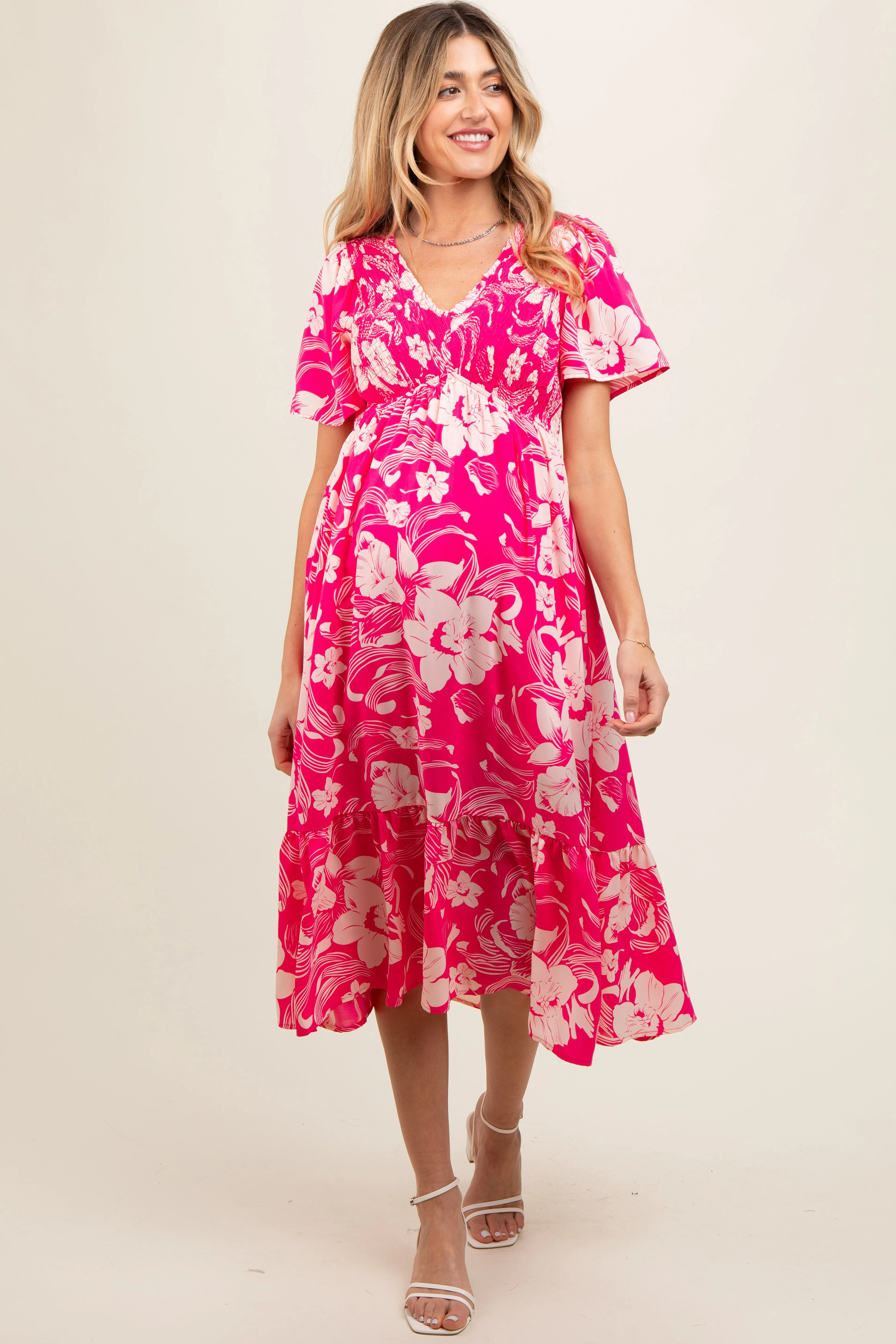 Pink Floral Print Smocked Maternity Midi Dress sold by Pinkblush product image thumbnail 2