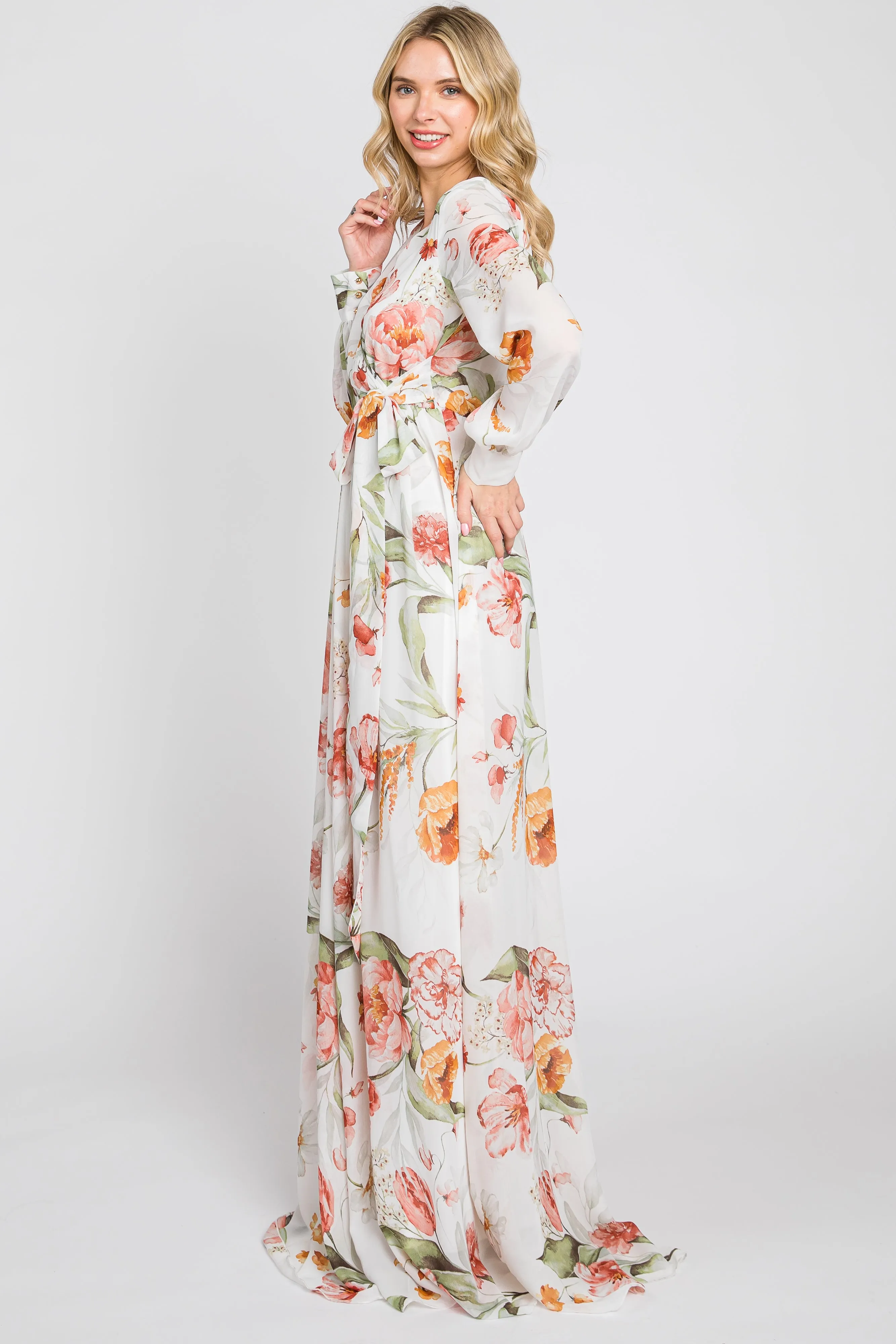Ivory Floral Chiffon Long Sleeve Maxi Dress sold by Pinkblush product image thumbnail 2