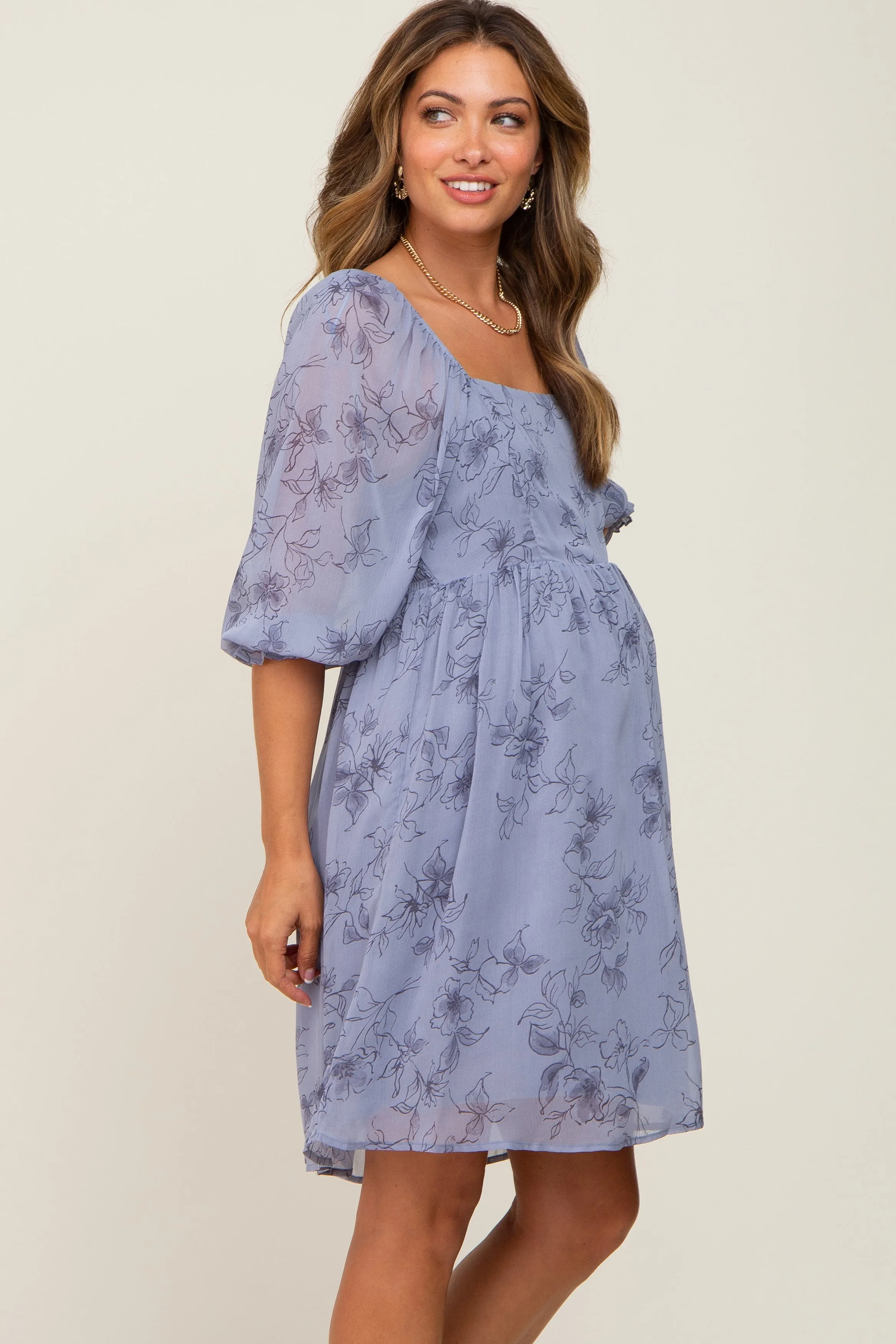 Blue Floral 3/4 Sleeve Chiffon Maternity Dress sold by Pinkblush product image thumbnail 2