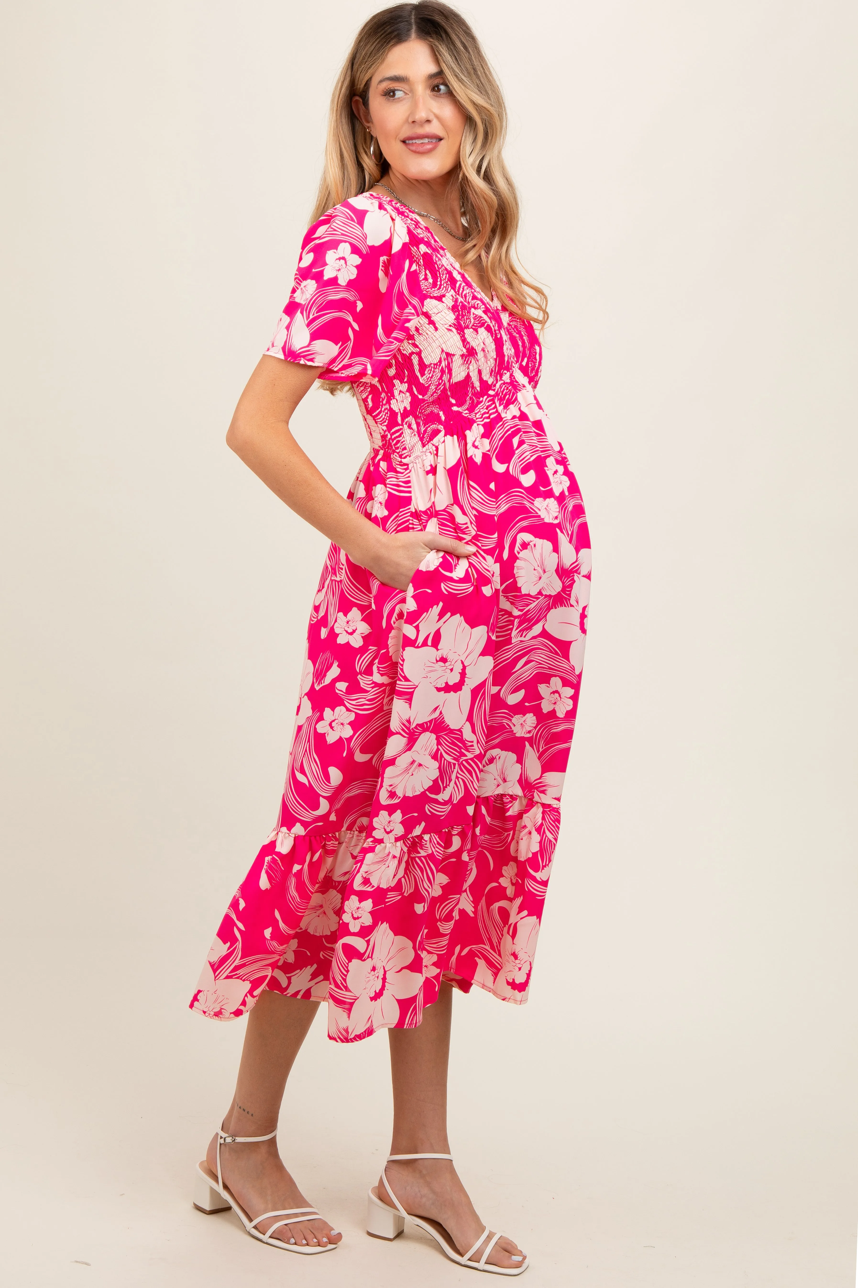 Pink Floral Print Smocked Maternity Midi Dress sold by Pinkblush product image thumbnail 3