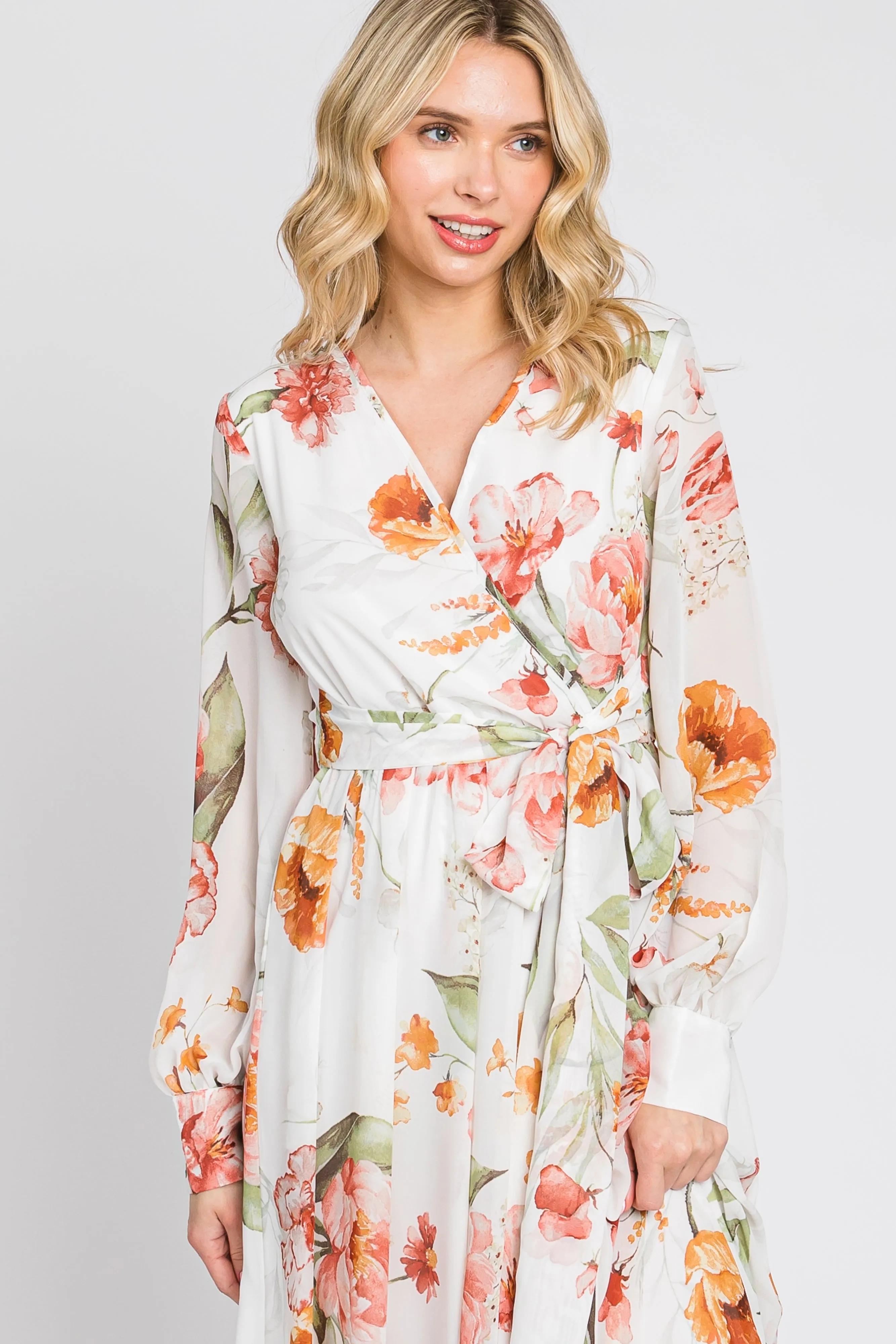 Ivory Floral Chiffon Long Sleeve Maxi Dress sold by Pinkblush product image thumbnail 4