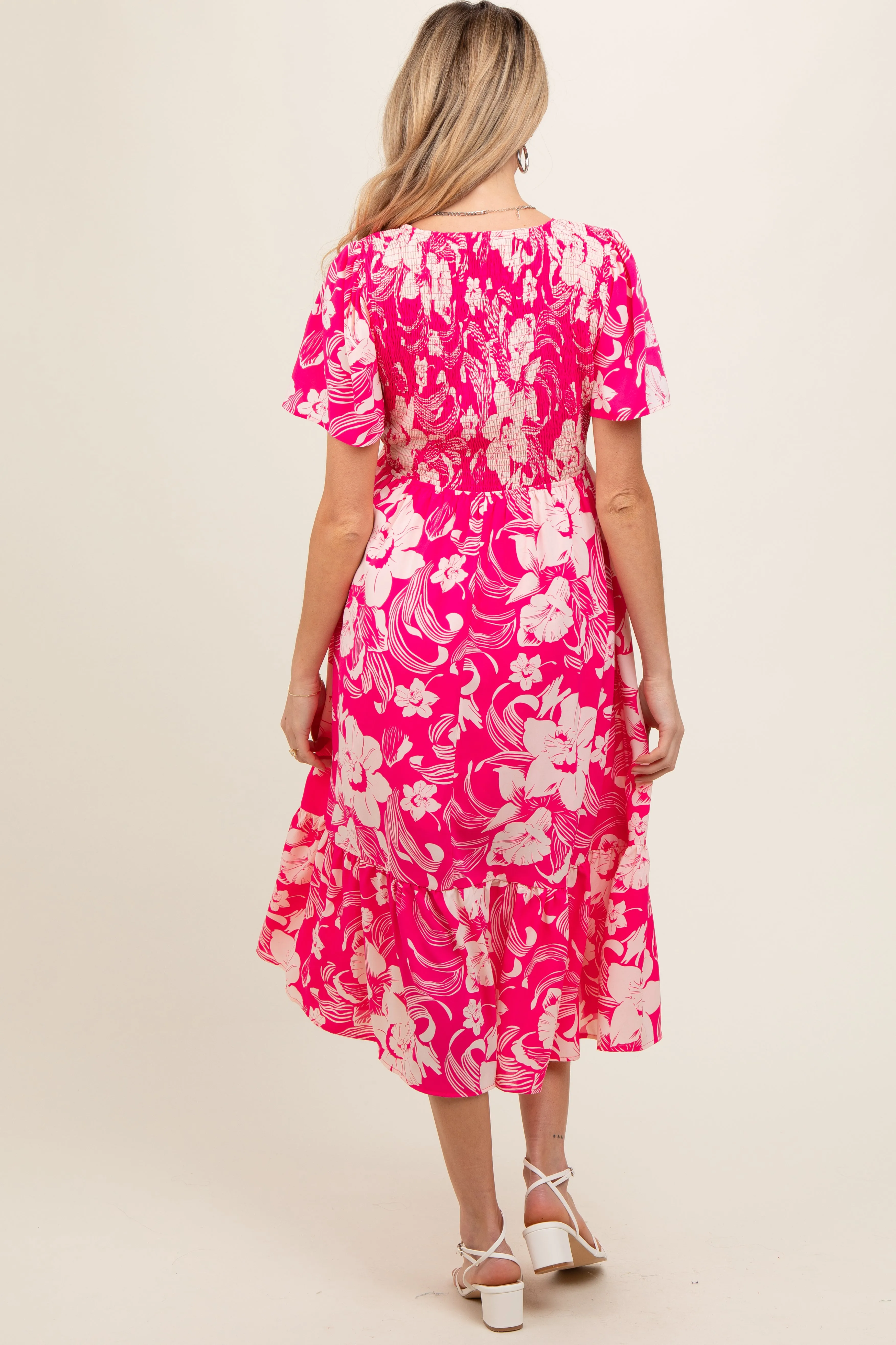 Pink Floral Print Smocked Maternity Midi Dress sold by Pinkblush product image thumbnail 4