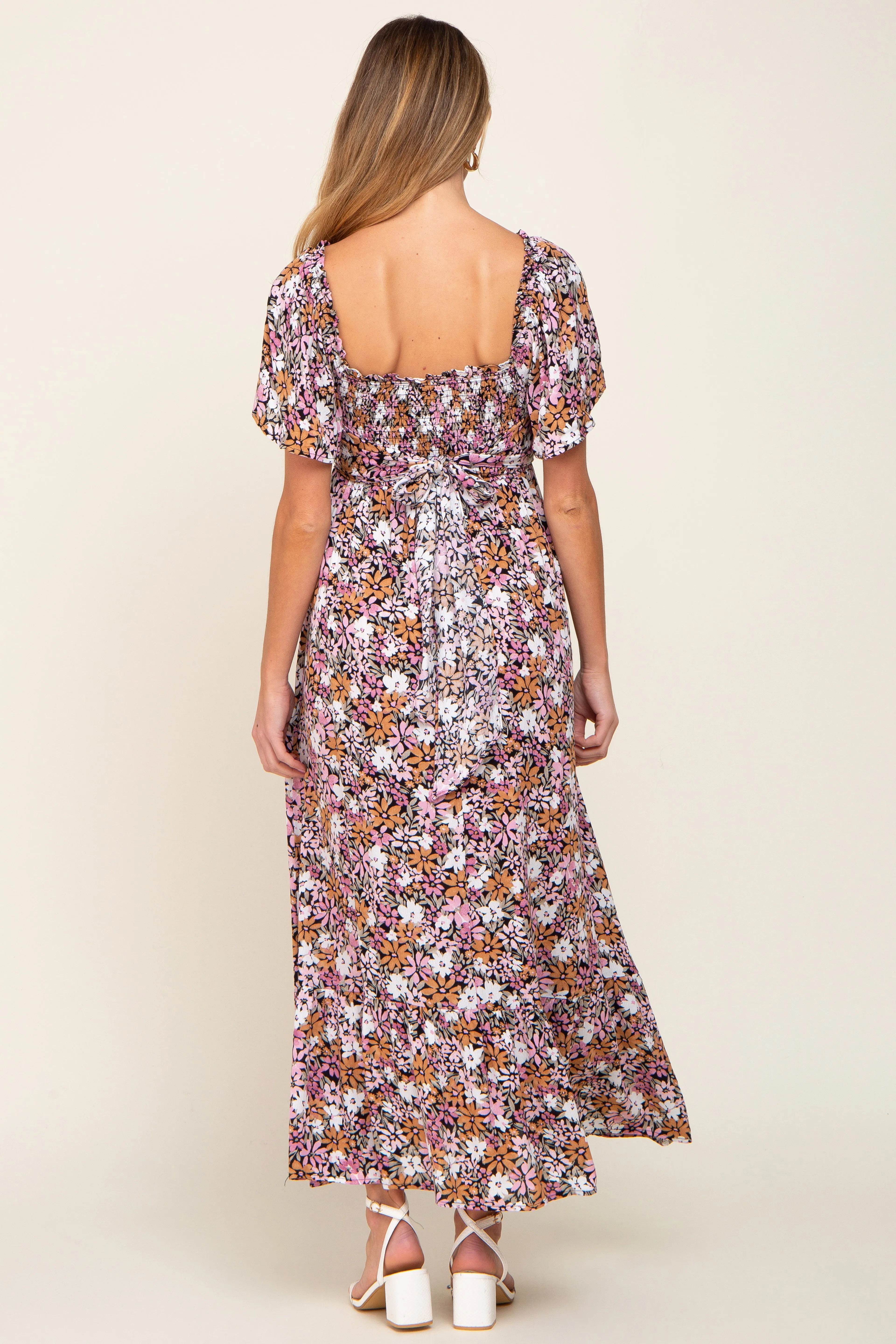 Black Leaf Smocked Flounce Sleeve Maternity Maxi Dress sold by Pinkblush product image thumbnail 3