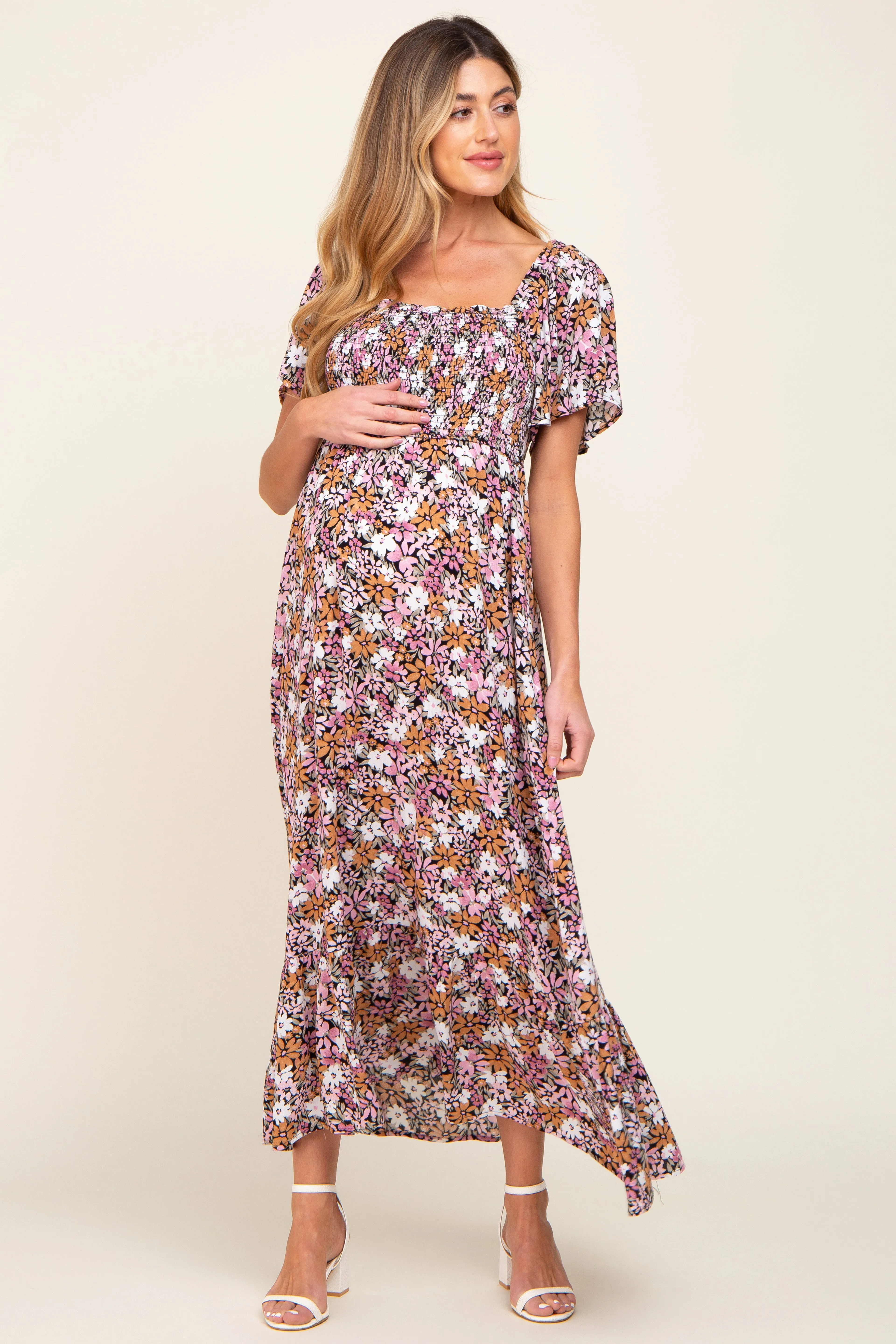 Black Leaf Smocked Flounce Sleeve Maternity Maxi Dress sold by Pinkblush