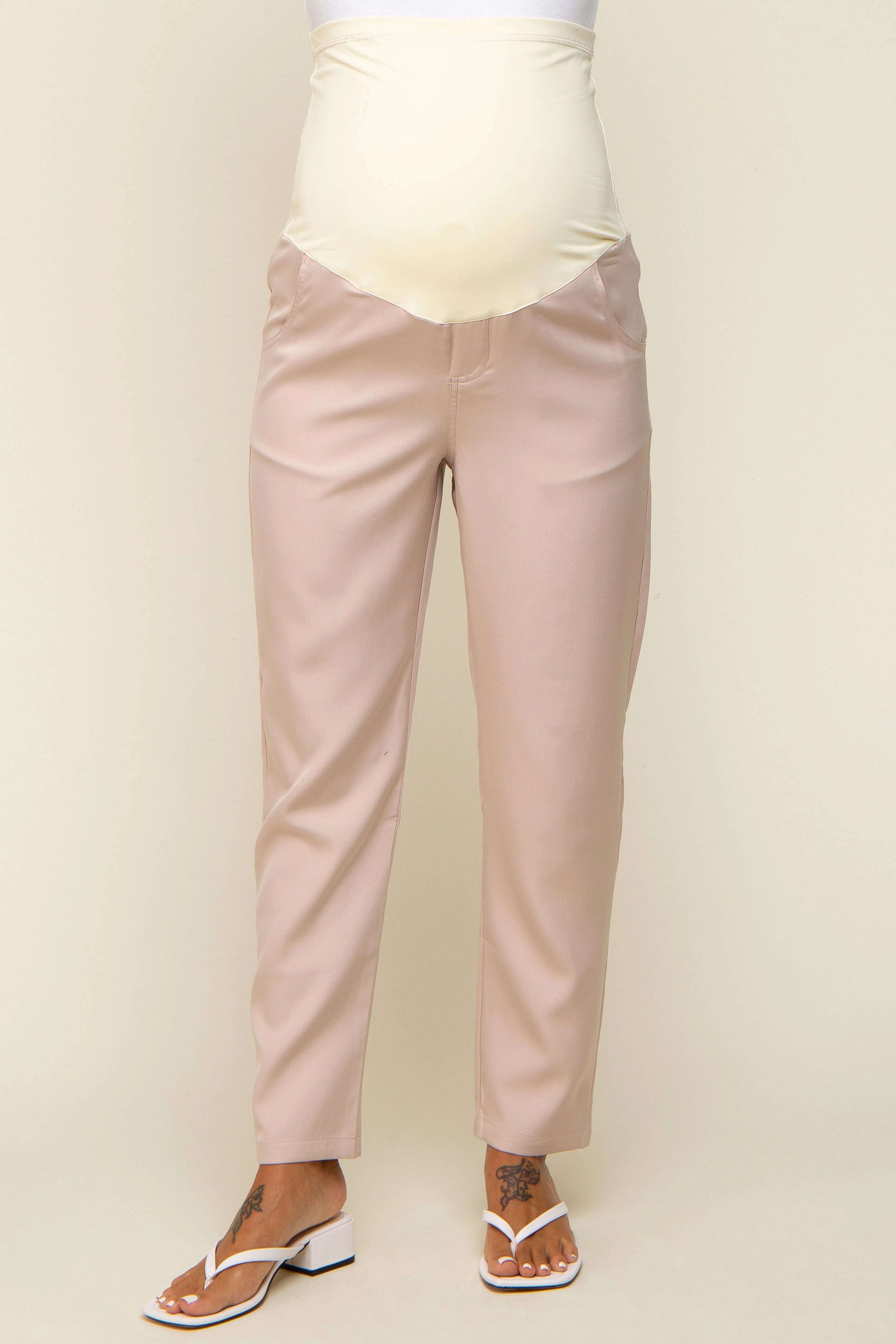 Beige Satin Crop Maternity Pants sold by Pinkblush product image thumbnail 3