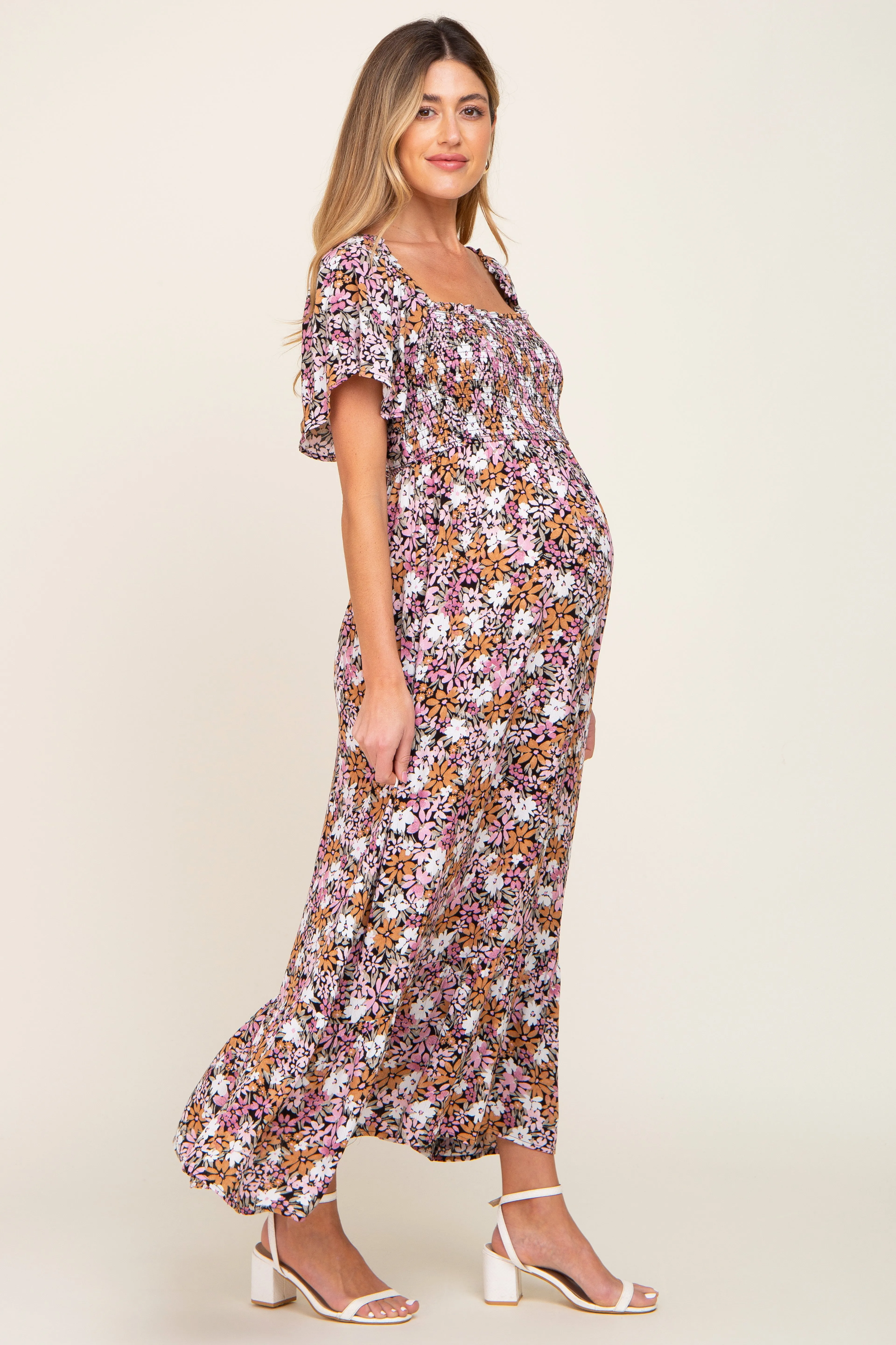 Black Leaf Smocked Flounce Sleeve Maternity Maxi Dress sold by Pinkblush product image thumbnail 2