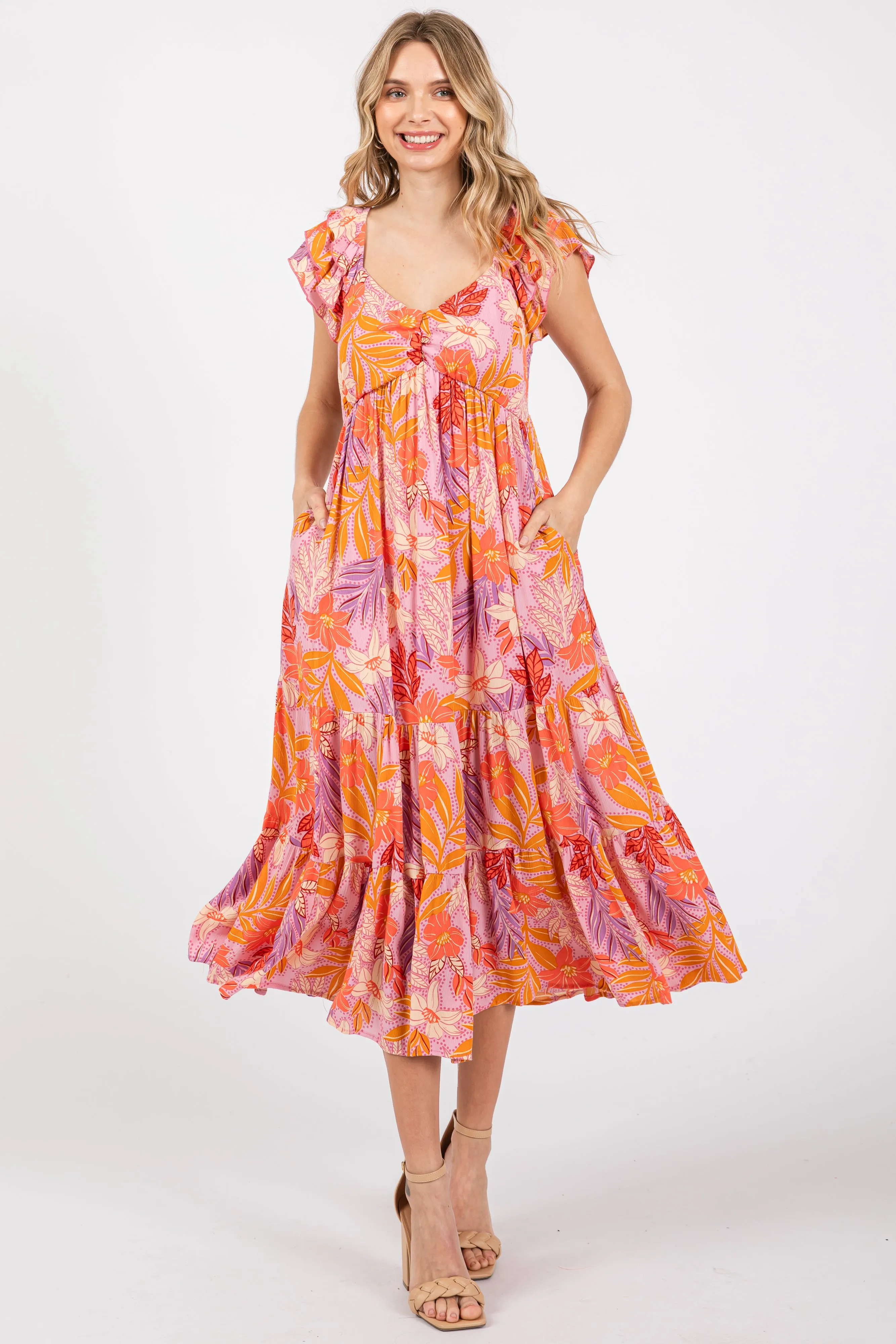 Orange Floral Sweetheart Neck Ruffle Shoulder Midi Dress sold by Pinkblush