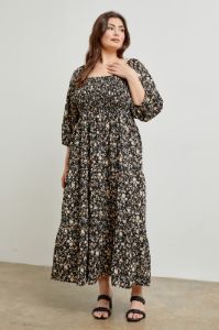 Black Floral Smocked Tiered Plus Maxi Dress sold by Pinkblush