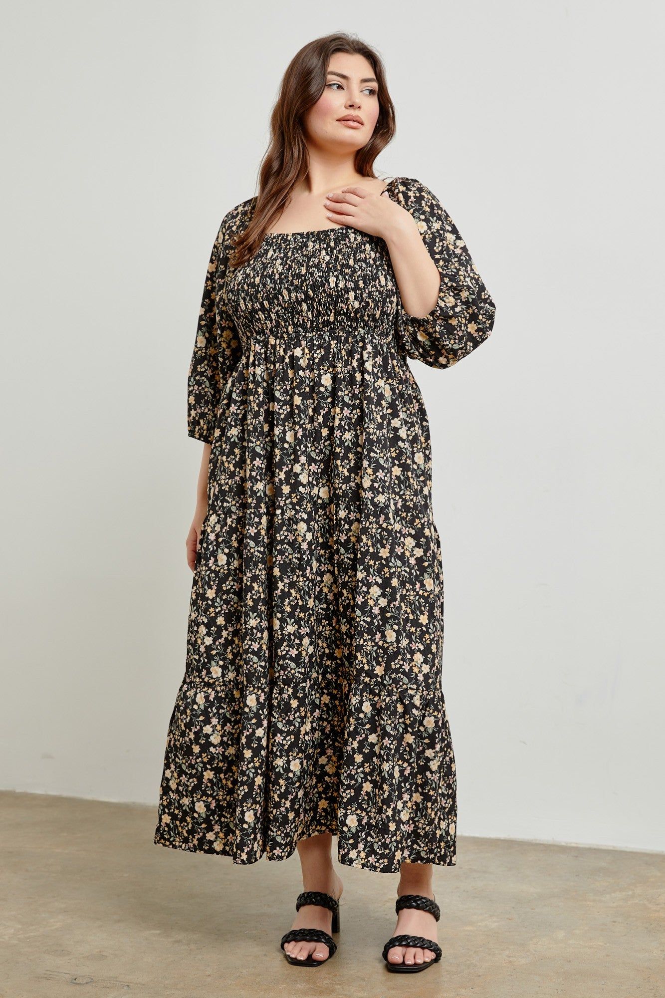 Black Floral Smocked Tiered Plus Maxi Dress sold by Pinkblush product image thumbnail 2