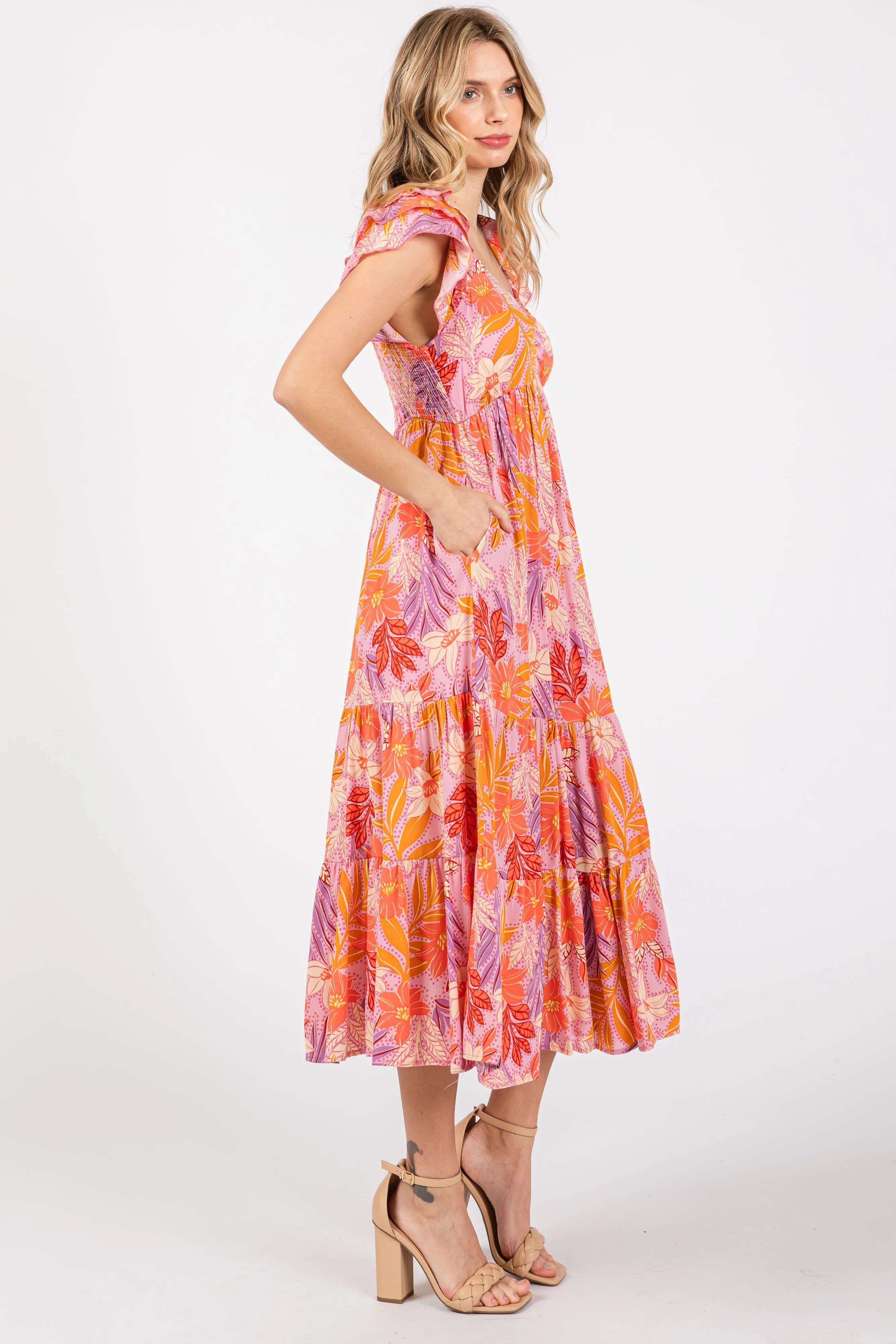 Orange Floral Sweetheart Neck Ruffle Shoulder Midi Dress sold by Pinkblush product image thumbnail 2