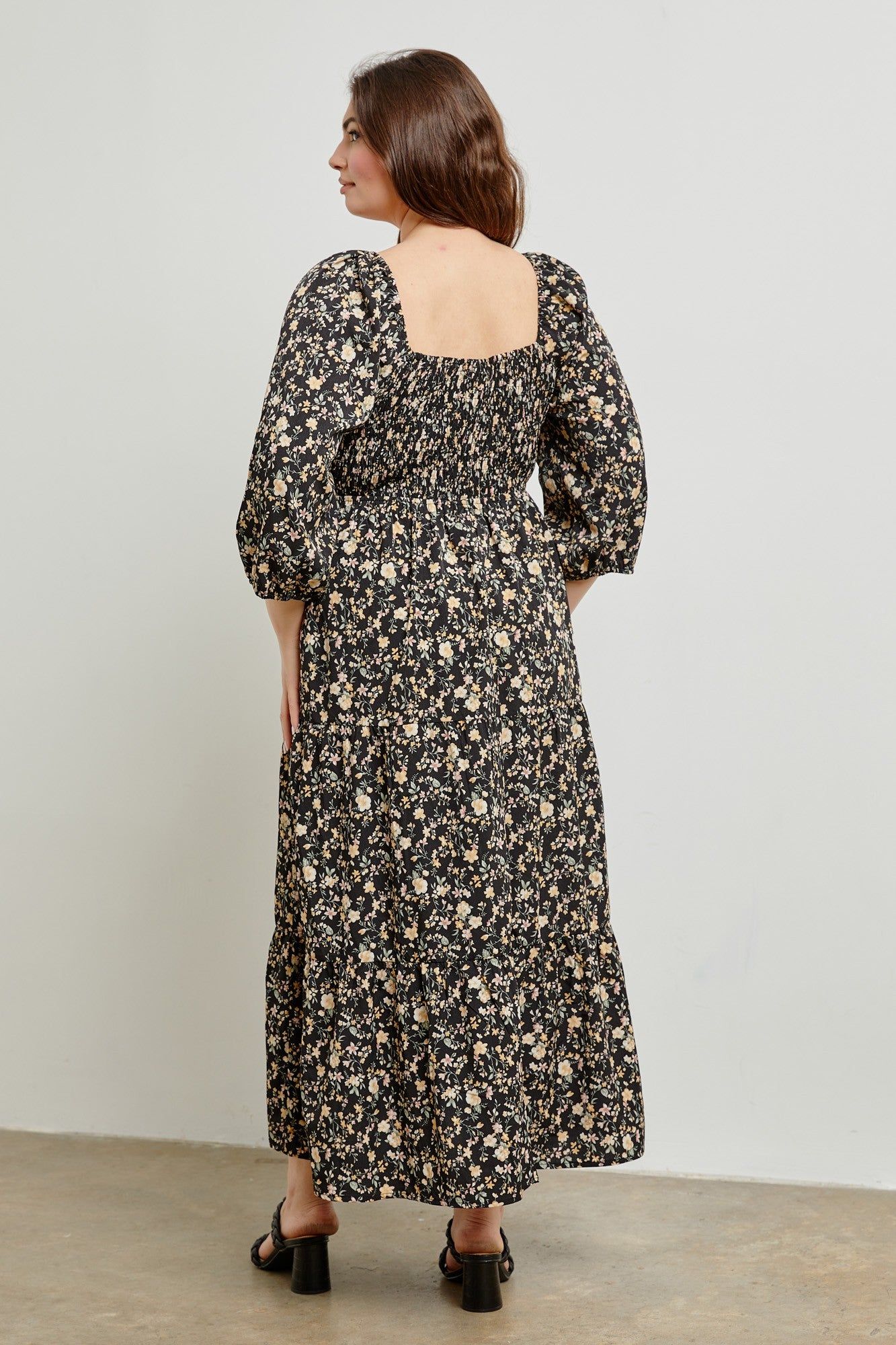 Black Floral Smocked Tiered Plus Maxi Dress sold by Pinkblush product image thumbnail 3