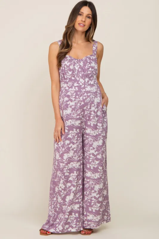 Lavender Floral Sweetheart Neck Maternity Jumpsuit sold by Pinkblush