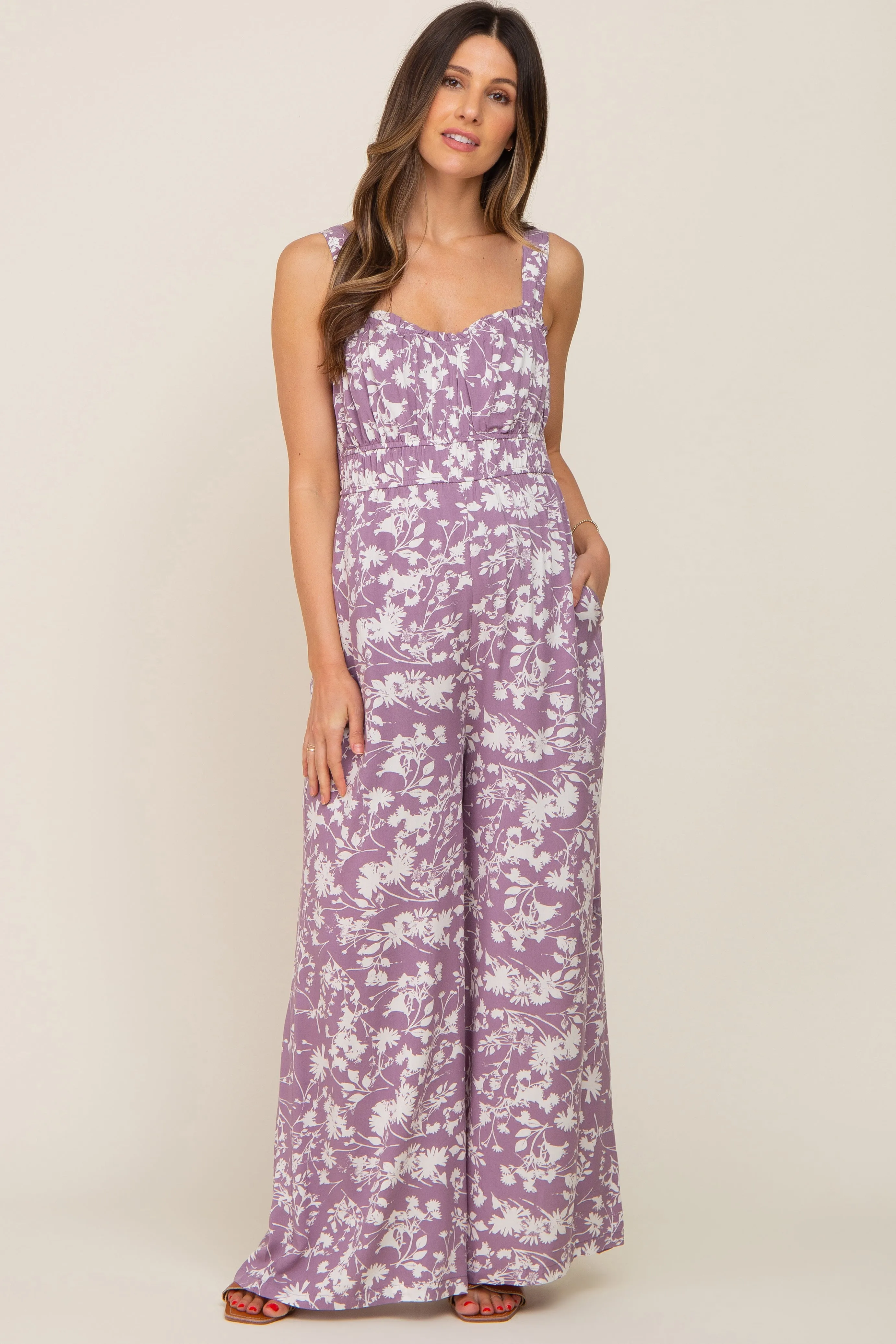 Lavender Floral Sweetheart Neck Maternity Jumpsuit sold by Pinkblush