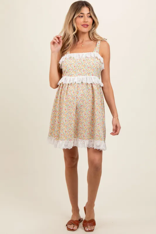 Cream Floral Square Neck Shoulder Tie Lace Trim Maternity Dress sold by Pinkblush