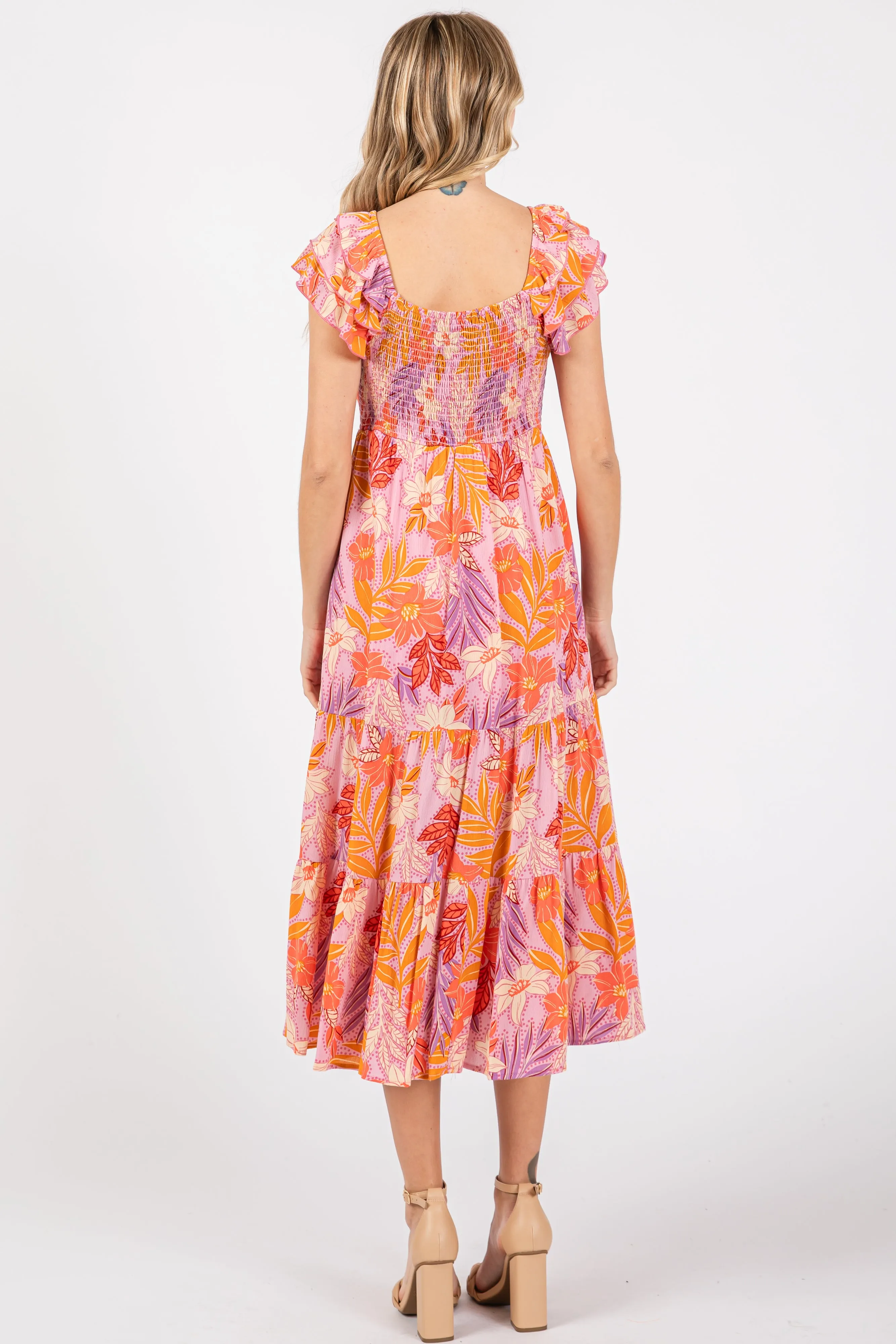 Orange Floral Sweetheart Neck Ruffle Shoulder Midi Dress sold by Pinkblush product image thumbnail 3