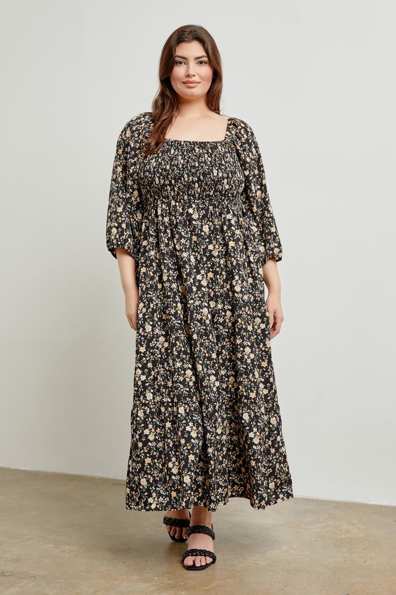 Black Floral Smocked Tiered Plus Maxi Dress sold by Pinkblush