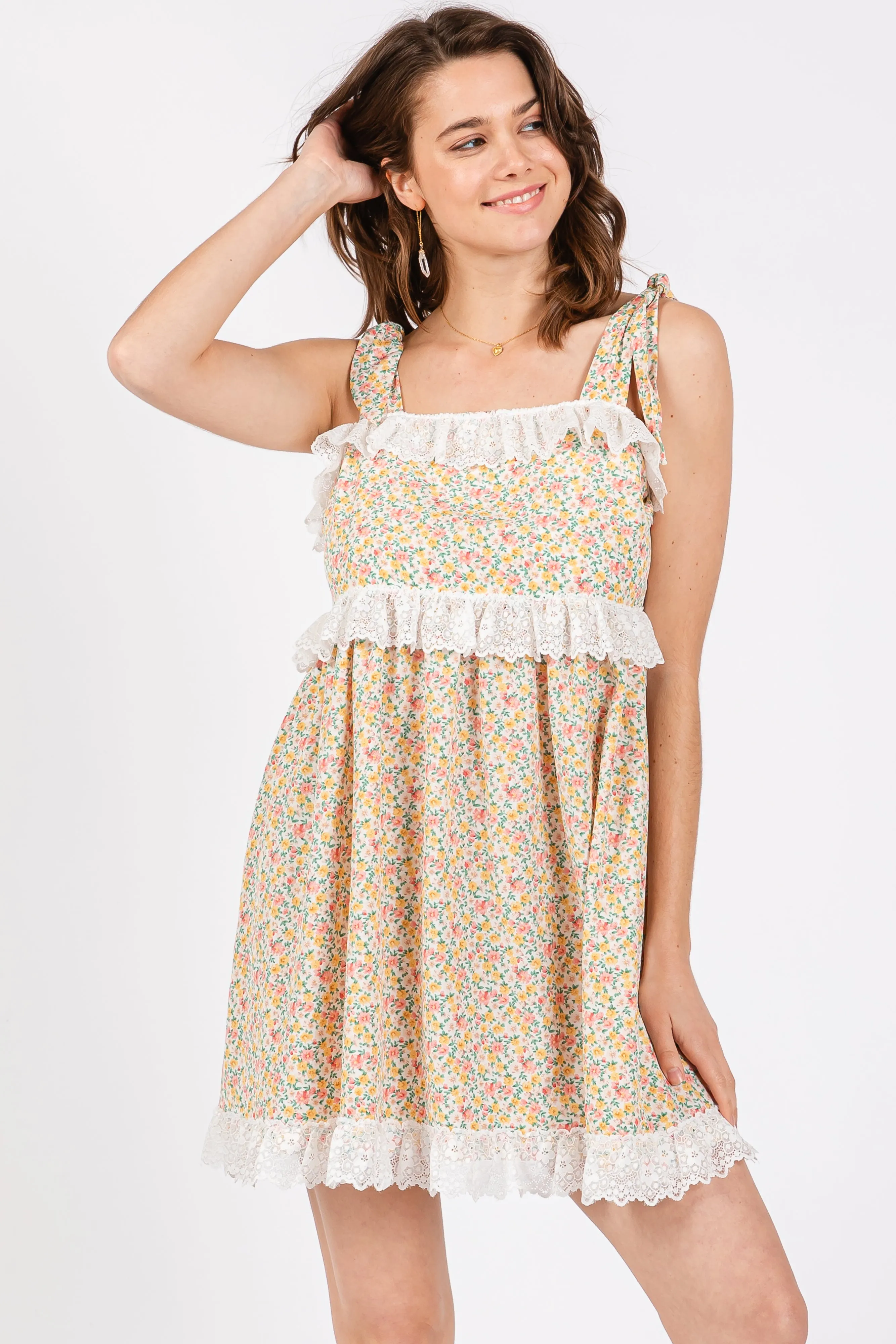 Cream Floral Square Neck Shoulder Tie Lace Trim Maternity Dress sold by Pinkblush product image thumbnail 5