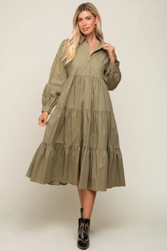 Olive Tiered Button Down Midi Dress sold by Pinkblush