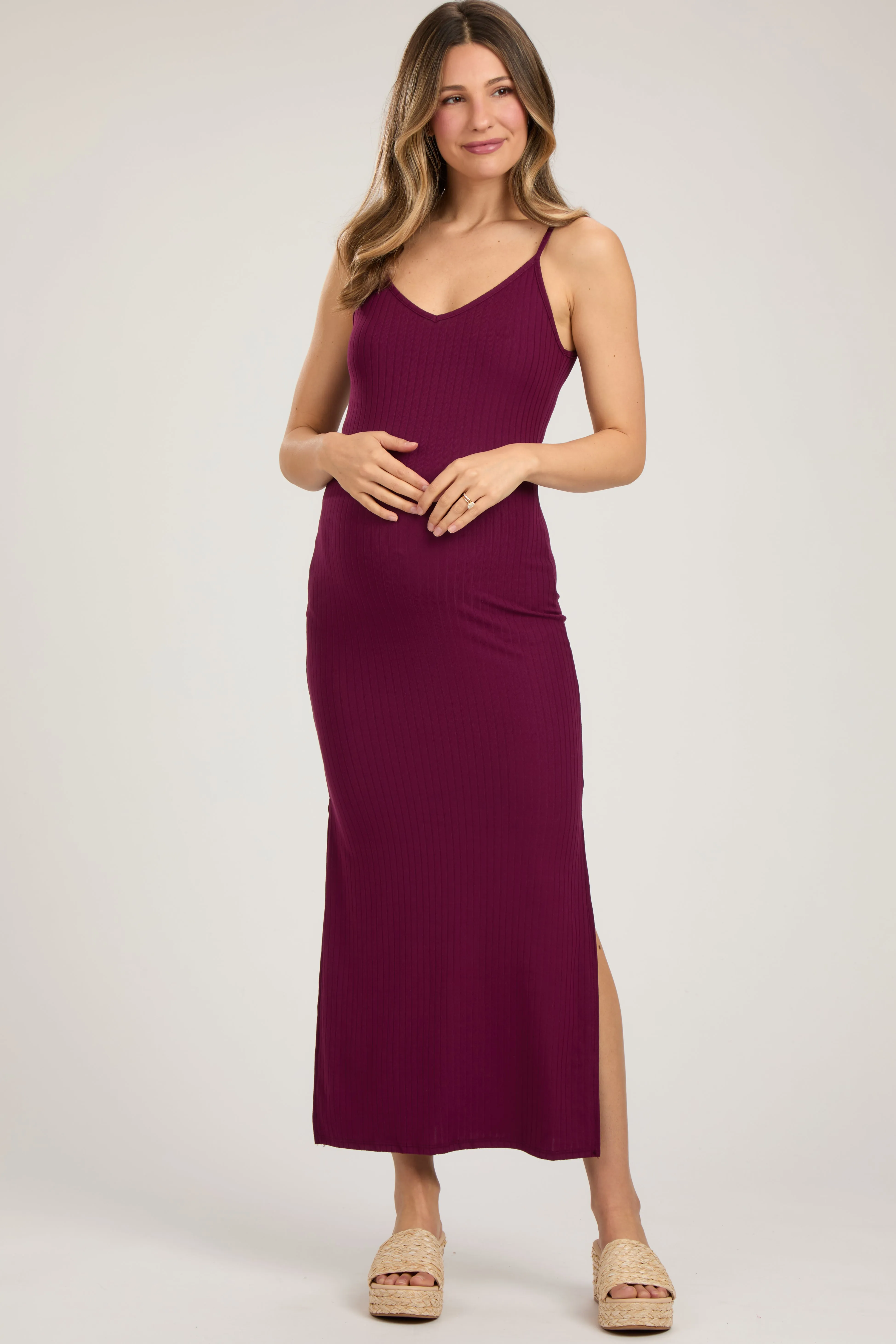 Burgundy Ribbed Side Slit Maternity Maxi Dress sold by Pinkblush