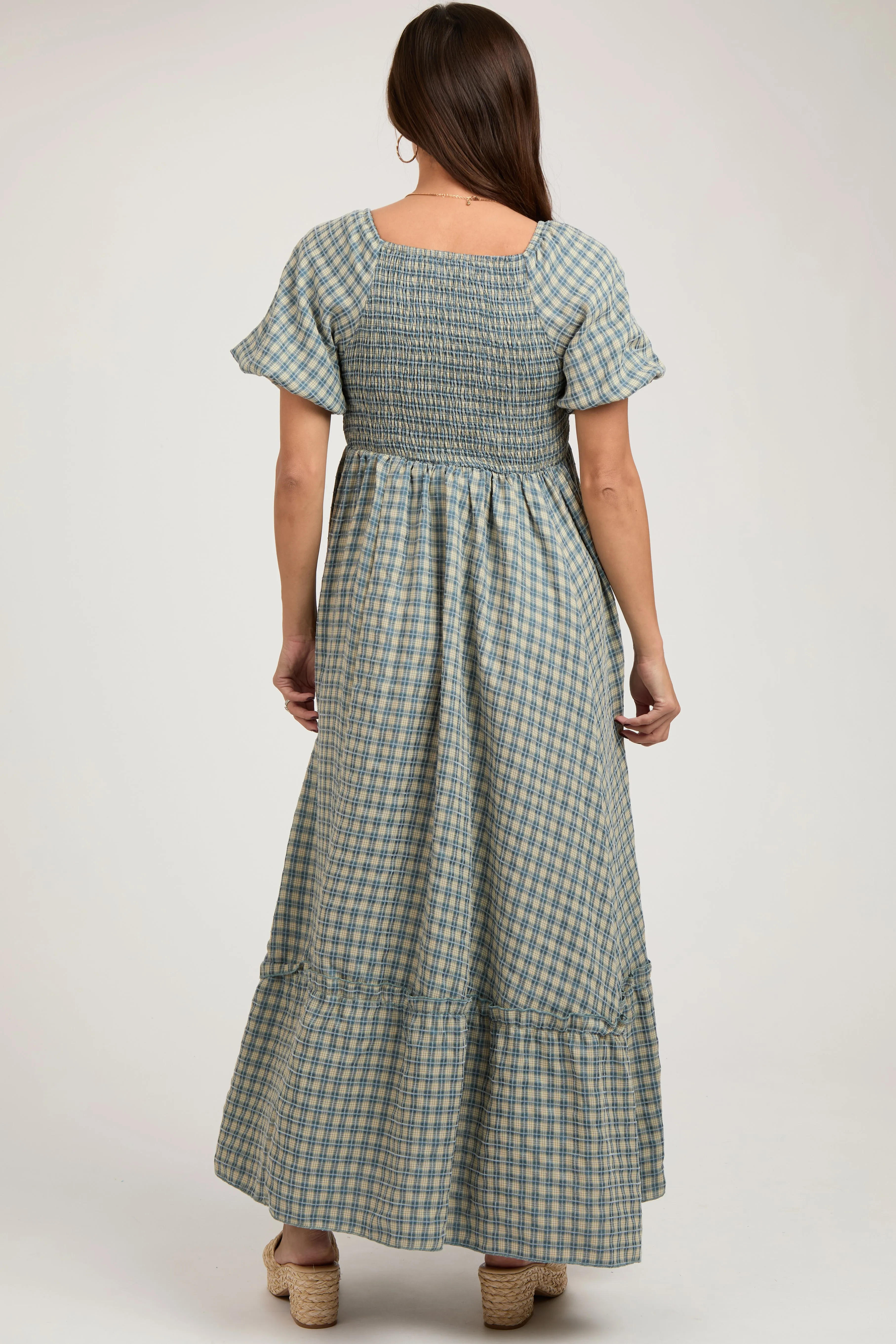 Blue Plaid Puff Sleeve Maternity Maxi Dress sold by Pinkblush product image thumbnail 4