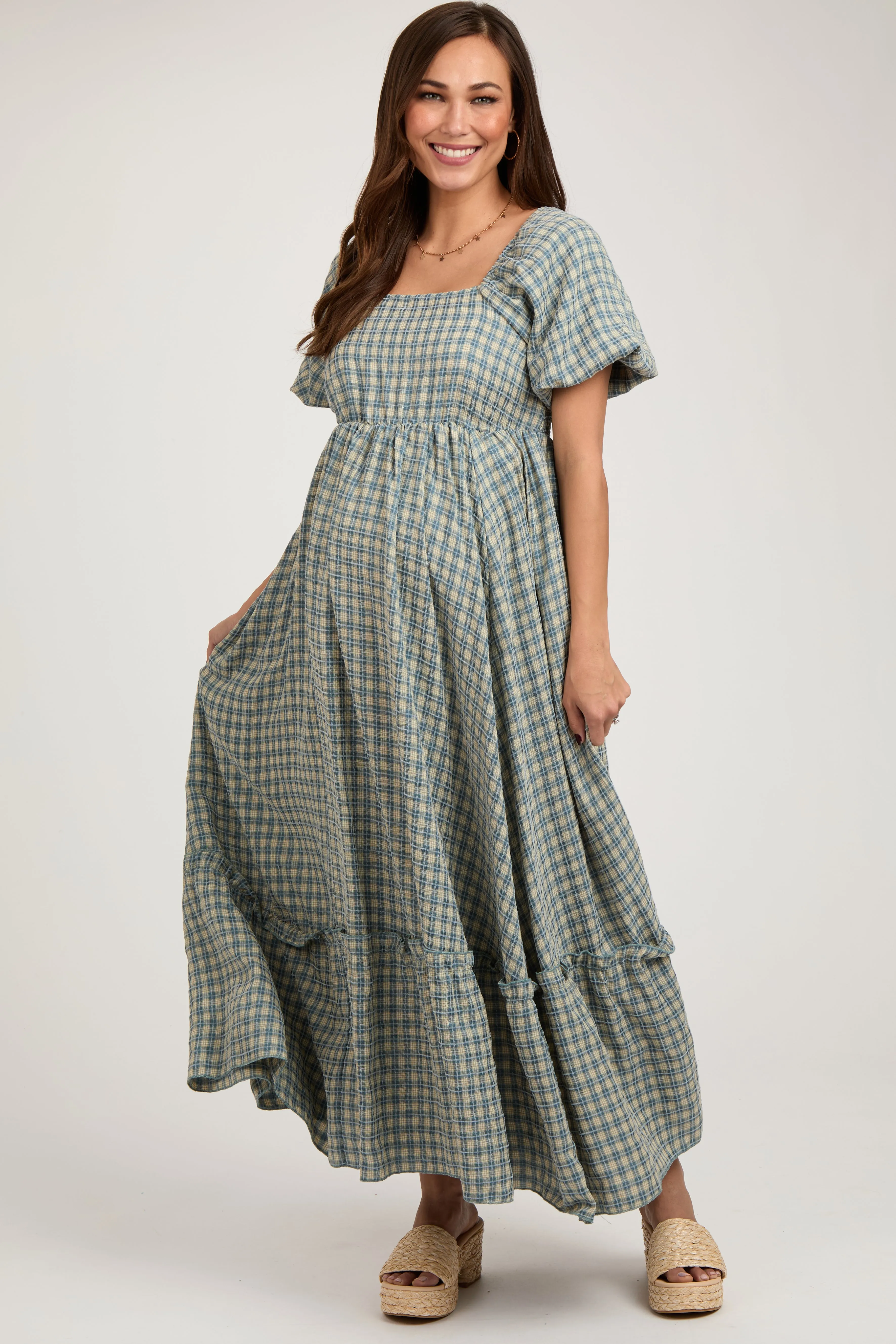 Blue Plaid Puff Sleeve Maternity Maxi Dress sold by Pinkblush