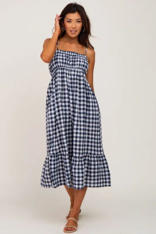 Navy Blue Gingham Square Neck Tie Strap Midi Dress sold by Pinkblush