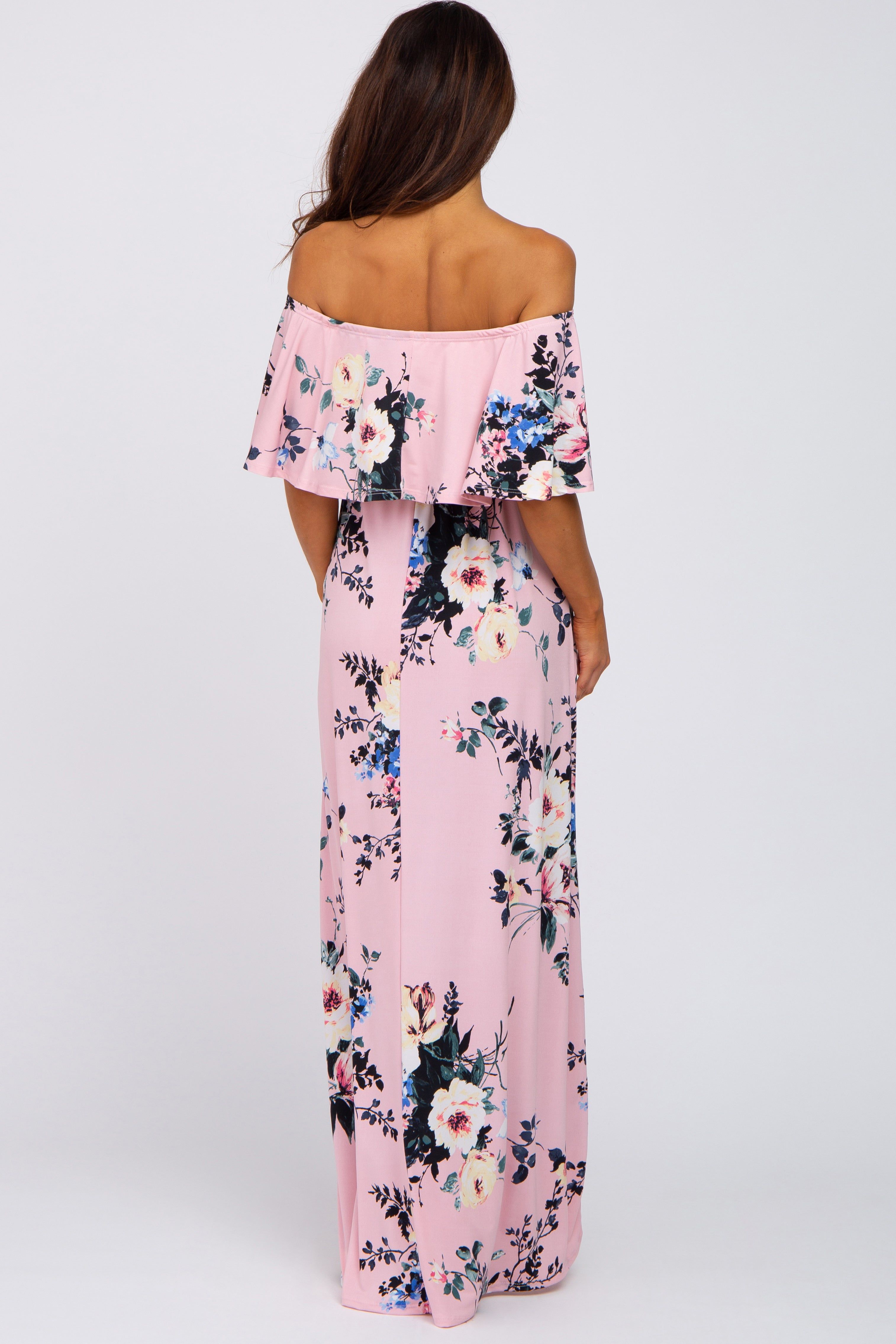 Pink Floral Flounce Off Shoulder Maxi Dress sold by Pinkblush product image thumbnail 3