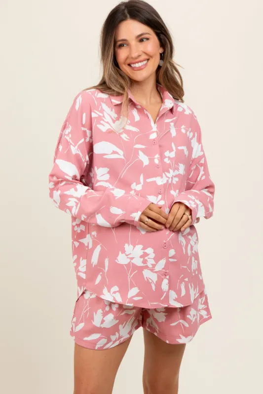 Mauve Floral Button Up Long Sleeve Maternity Short Set sold by Pinkblush