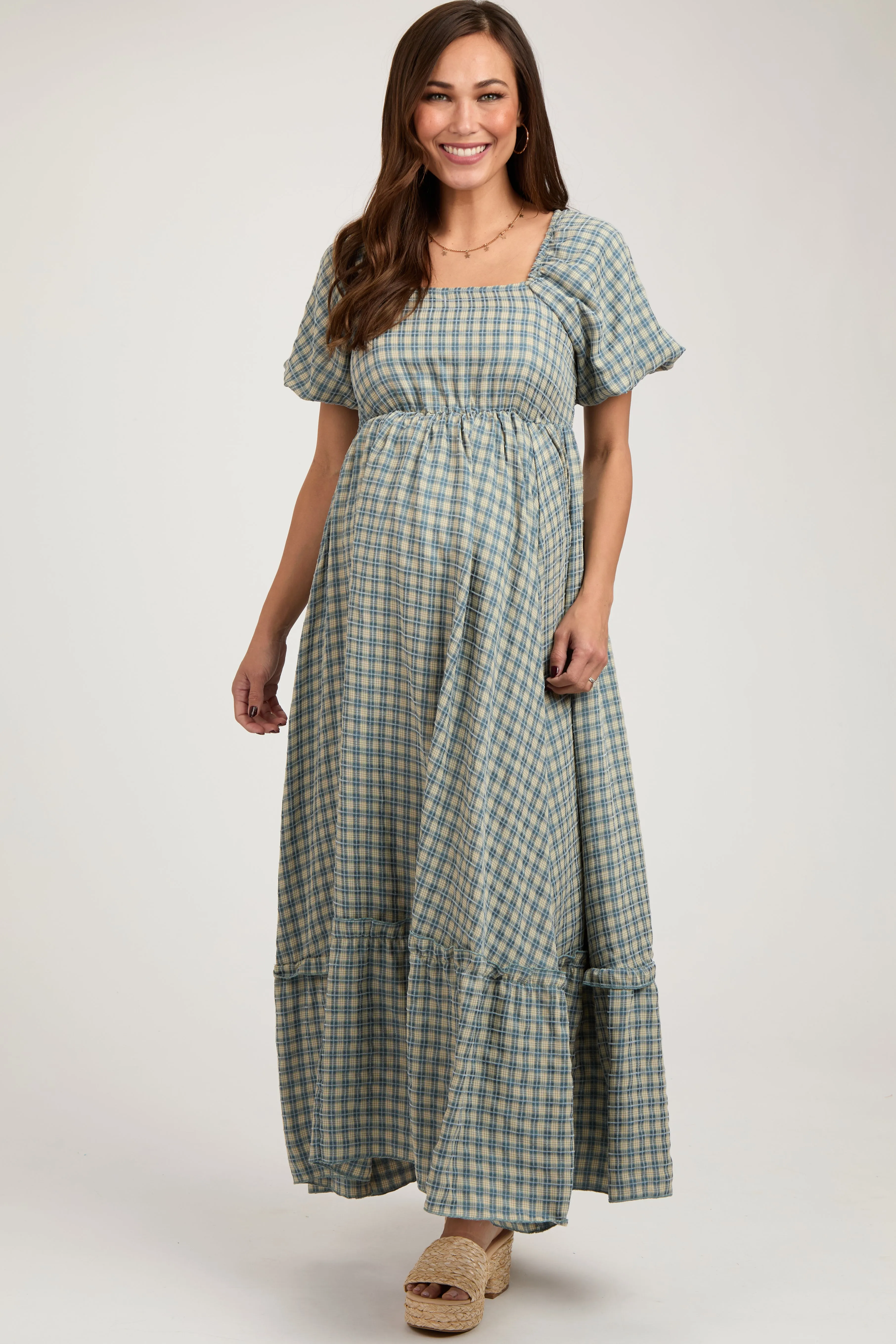 Blue Plaid Puff Sleeve Maternity Maxi Dress sold by Pinkblush product image thumbnail 2