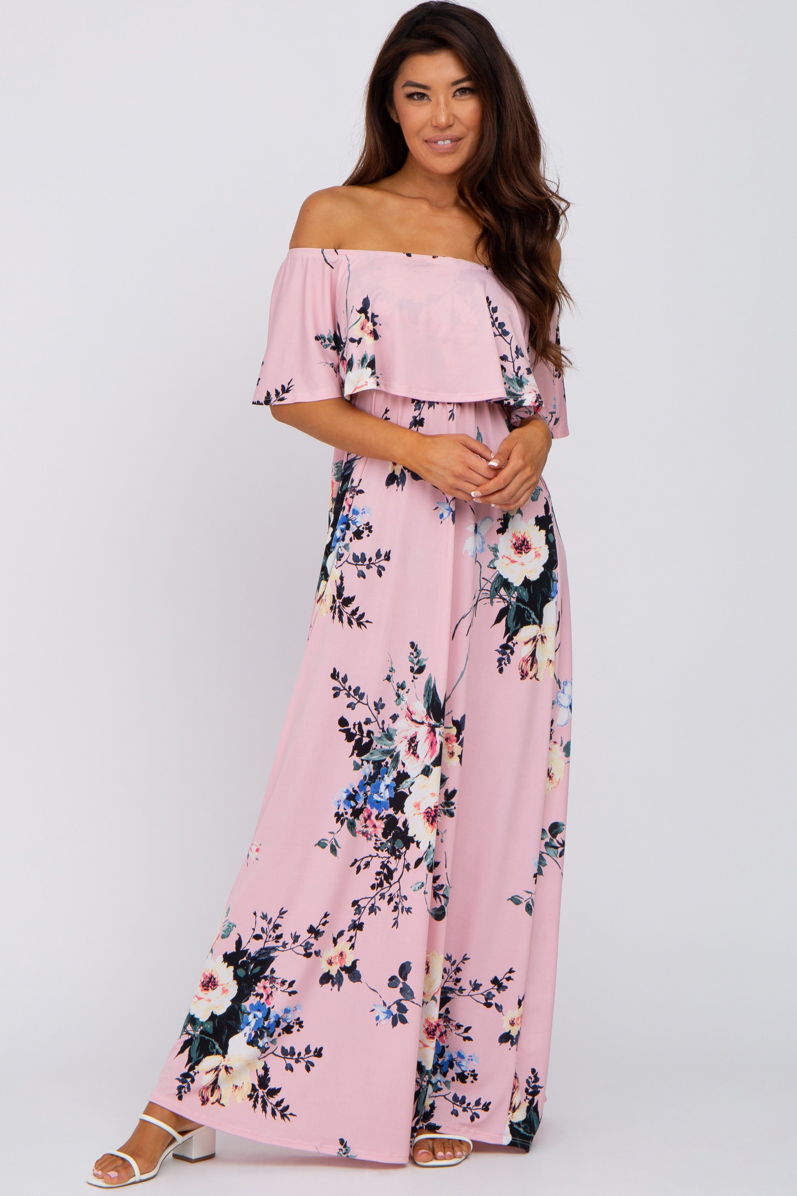 Pink Floral Flounce Off Shoulder Maxi Dress sold by Pinkblush product image thumbnail 4